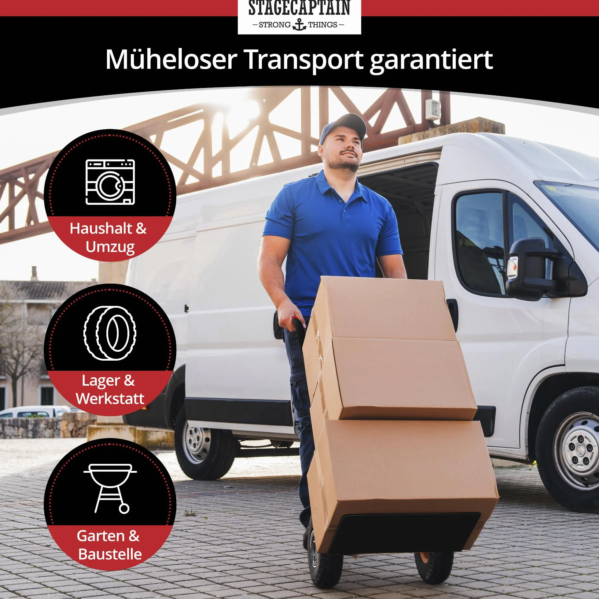Stagecaptain Carryboy Sackkarre - 200 kg belastbar - Transportkarre für Umzug oder Getränkekisten - Robuster Stahlrahmen und Luftreifen mit 26 cm Ø - Handwagen mit Sicherheits-Haltegriffen - Schwarz