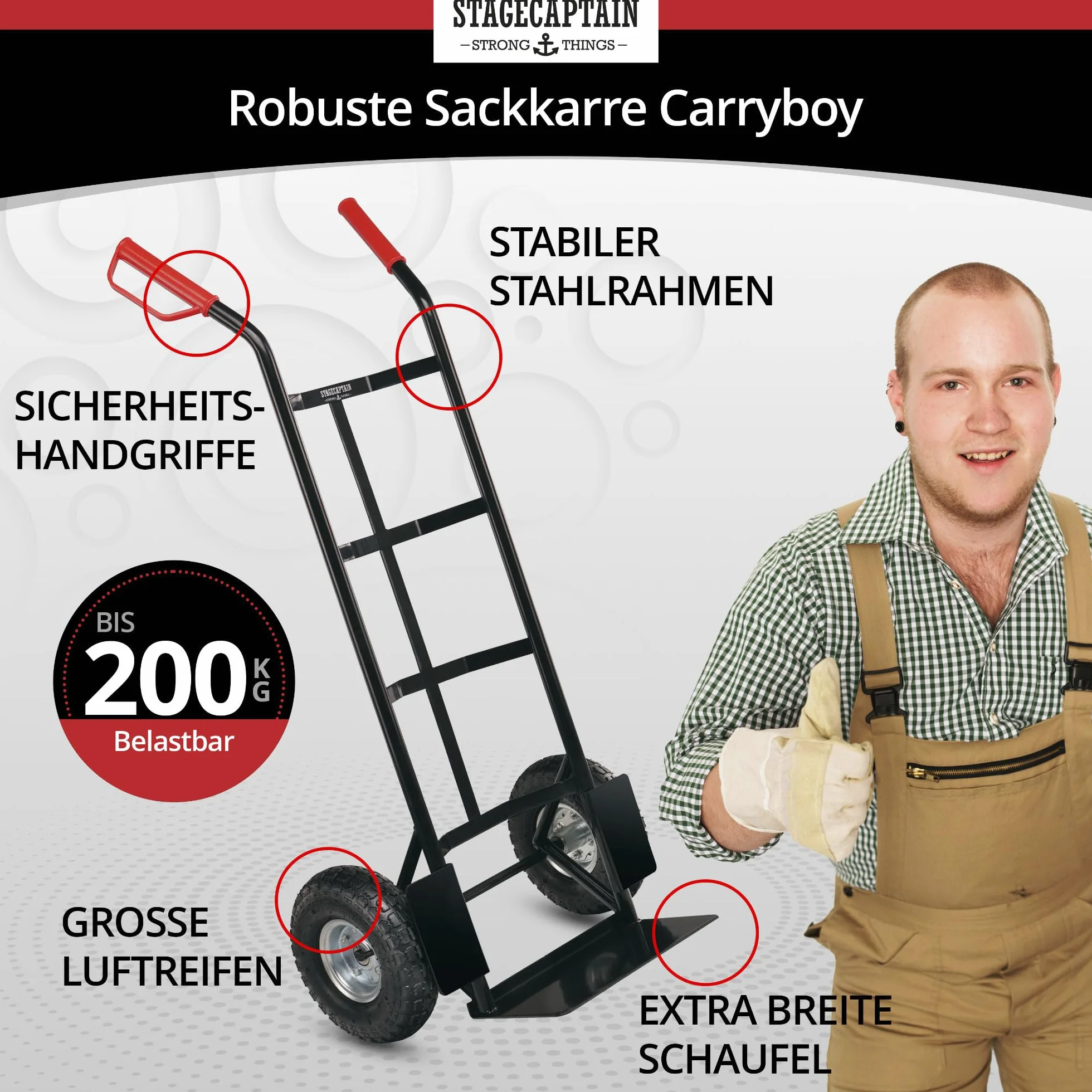 Stagecaptain Carryboy Sackkarre - 200 kg belastbar - Transportkarre für Umzug oder Getränkekisten - Robuster Stahlrahmen und Luftreifen mit 26 cm Ø - Handwagen mit Sicherheits-Haltegriffen - Schwarz