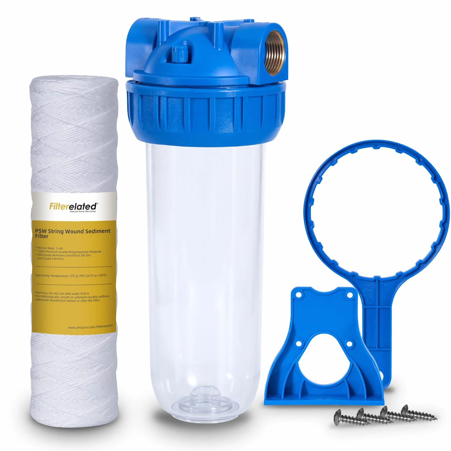 Filtergehäuse 10 Zoll Standard transparent Einstufig Filterflasche Messing 3/4 Zoll BSP Geeignet für alle 2,5 Zoll x 10 Zoll Kartuschen (Gehäuse + Spulenfilter)