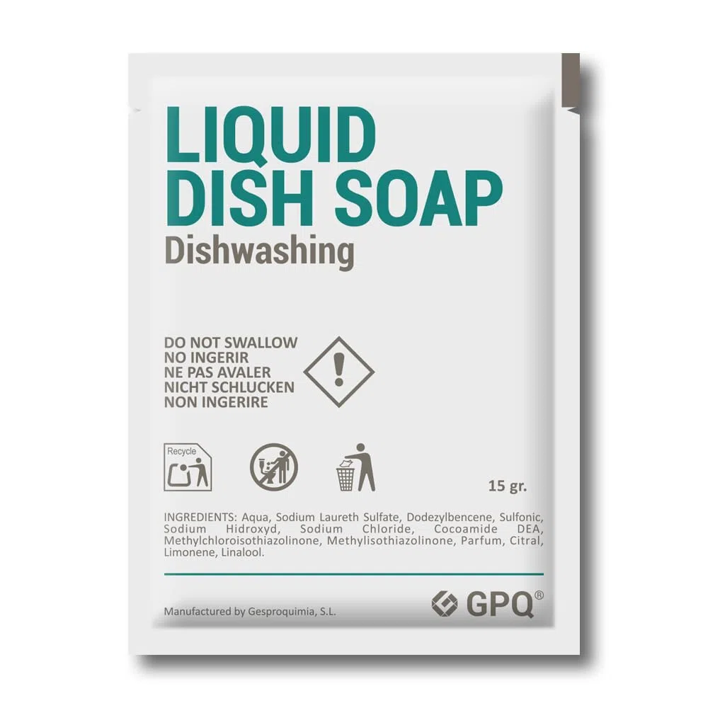 GPQ - Flüssiges Geschirrspülmittel 15 ml. | 250 Stk. | Amenities Handgeschirrreiniger | Fettlöser/Entfetter | Ohne Parabene | B&B, Landhaus, Camping, Appartement... | Made in EU