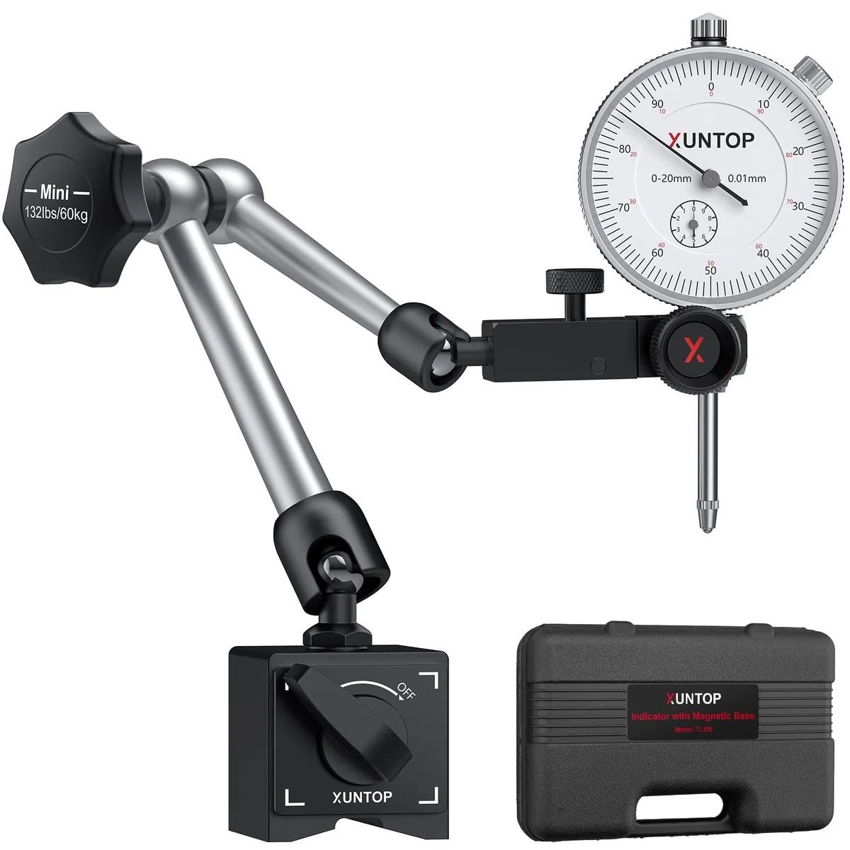 XUNTOP Präzisions Messuhr mit Magnetfuß 0,01mm Genauigkeit, 0-20 mm Messbereich,Mechanische Anzeige,132lbs/60kg, Mit Feineinstellknopf Ideal für Industrieanwendungen