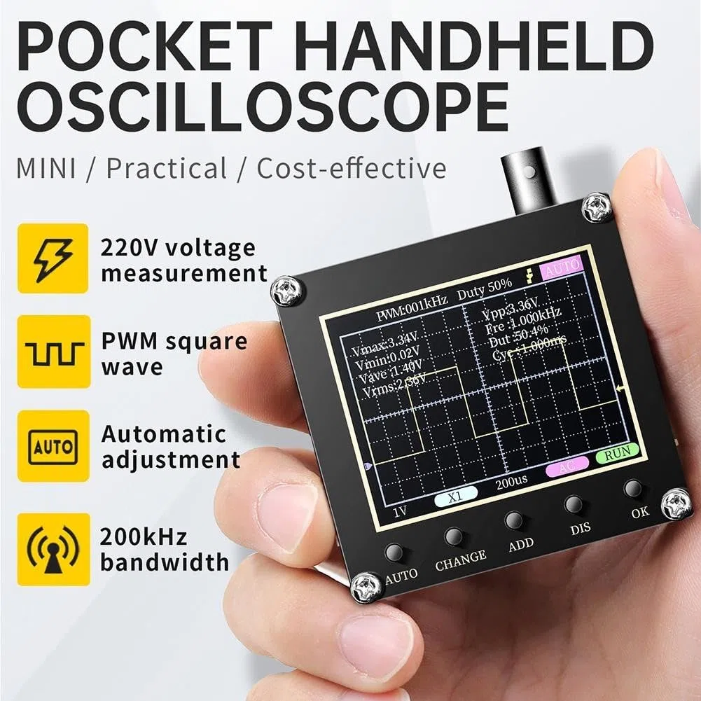 Zoegneer 138 PRO Digitales Oszilloskop, Einzelk, 2,4 Zoll LCD-Display, 200 kHz Bandbreite, 2,5 MSa/s, Abtastrate mit Typ-C-Kabel und Sonde (mit 10-fach-Sonde)