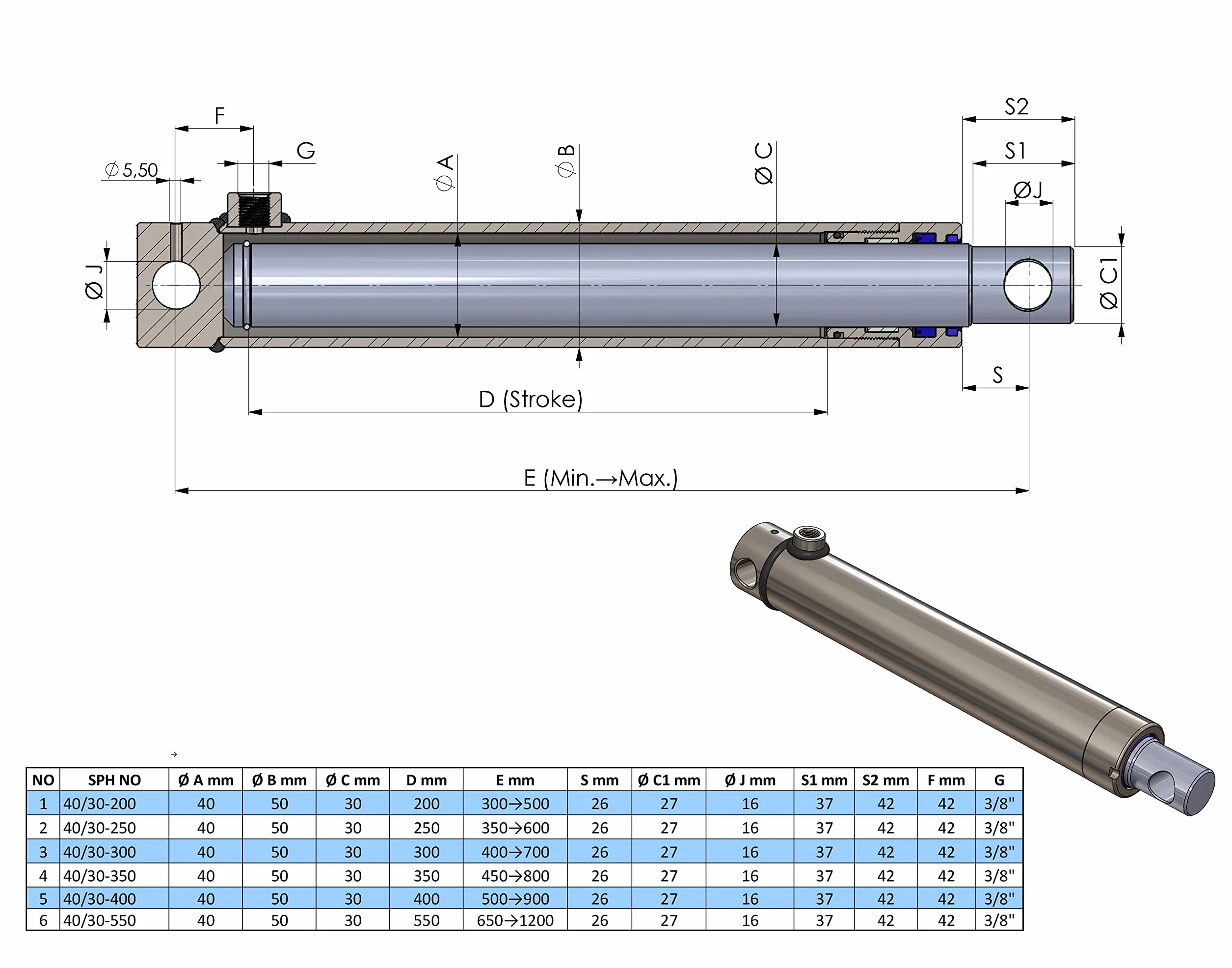 Hydraulik-Zylinder einfachwirkend mit Querbohrung (Ø 25, Hub mm : 100)