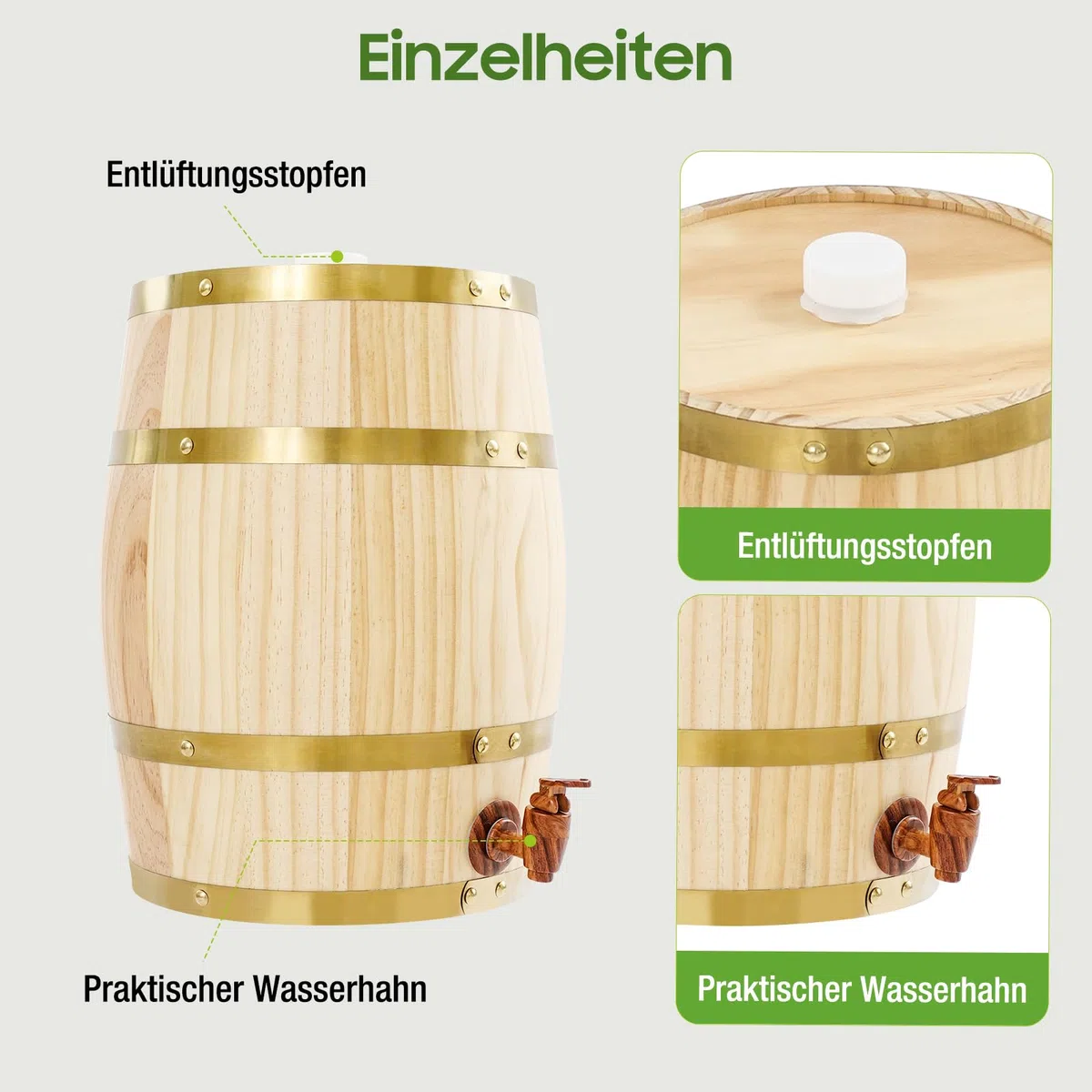 10L Holzfass mit Zapfhahn, Vertikal Whiskyfass Schnapsfass Bierfass Kiefernholz-Weinfass für Wein, Whisky, Rum, Dekorationsfass für Bars