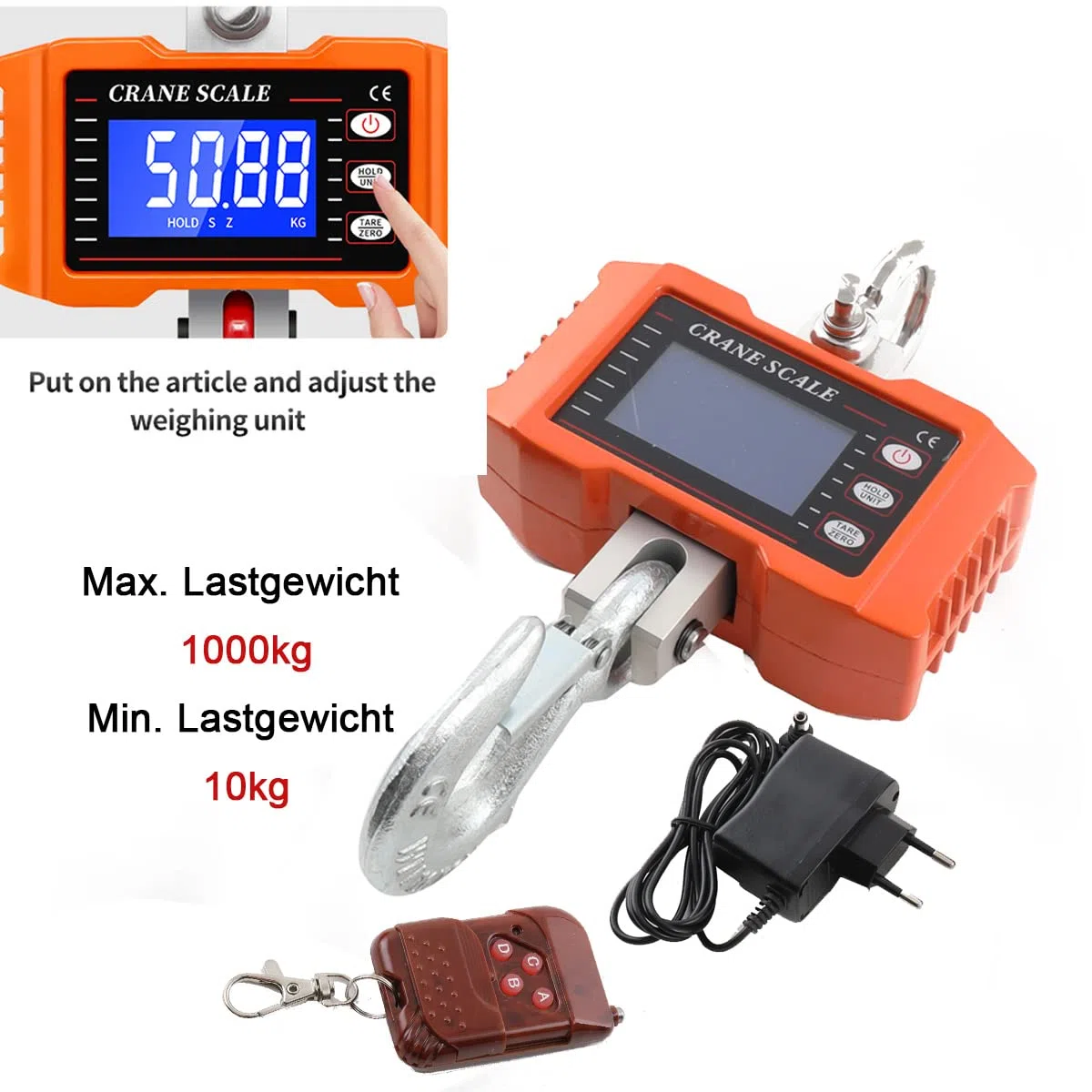 1000kg Elektronische Kranwaage Hängewaage Digitalgewicht Industriell Kranwaage mit Fernbedienung & professionellem Haken zum Aufhängen Hochleistungs-Hängewaage Crane Maßstab