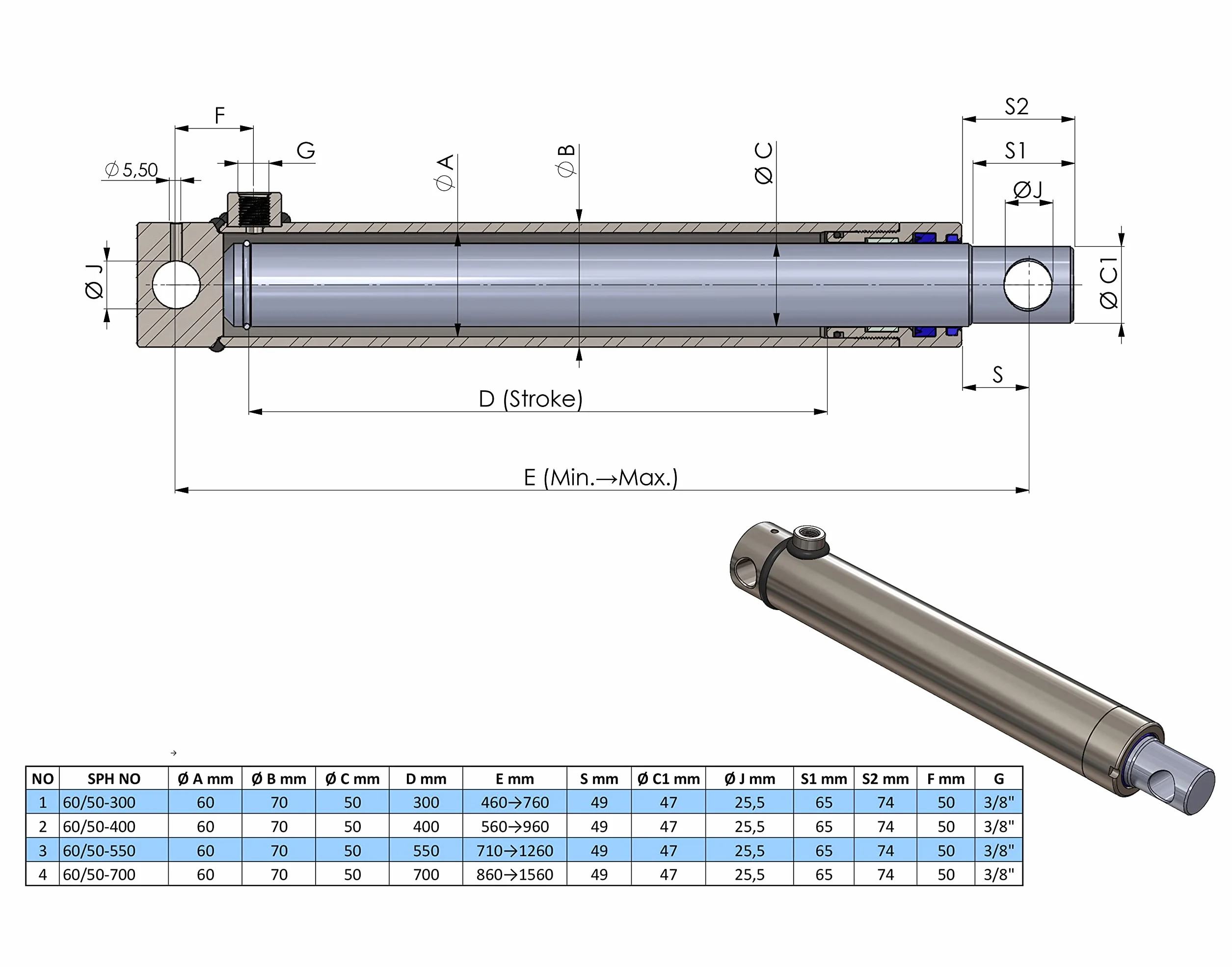 Hydraulik-Zylinder einfachwirkend mit Querbohrung (Ø 25, Hub mm : 100)