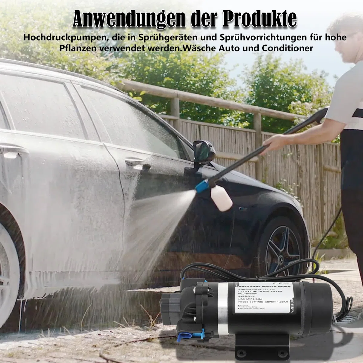 Hochdruck Membran Wasserpumpe, Elektrische Membranpumpe Wasserpumpe, Hochdruckwasserpumpe, Selbstansaugende Pumpe 150W 220V, 160PSI (11 Bar) 5,1–5,5L/min, 3/8"