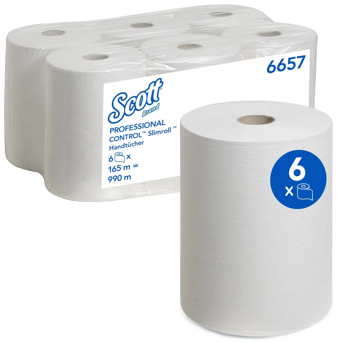 Scott gerollte Papierhandtücher Slimroll 6657, 1-lagige, saugfähige und reißfeste Papierhandtuchrollen, FSC-zertifiziert, weiße Handtücher für Spender, 6 Rollen x 165 m, (990 m insg.)