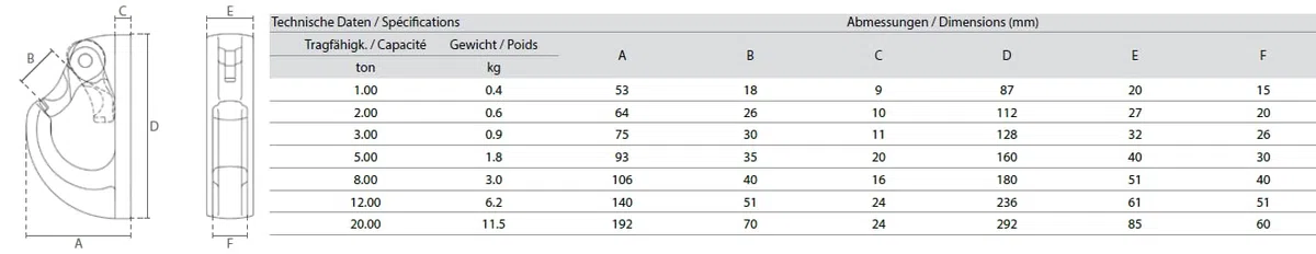 Anschweißhaken GK 8 Tragfähigkeit WLL 1t bis 20t Baggerhaken Löffelhaken Haken (5t)