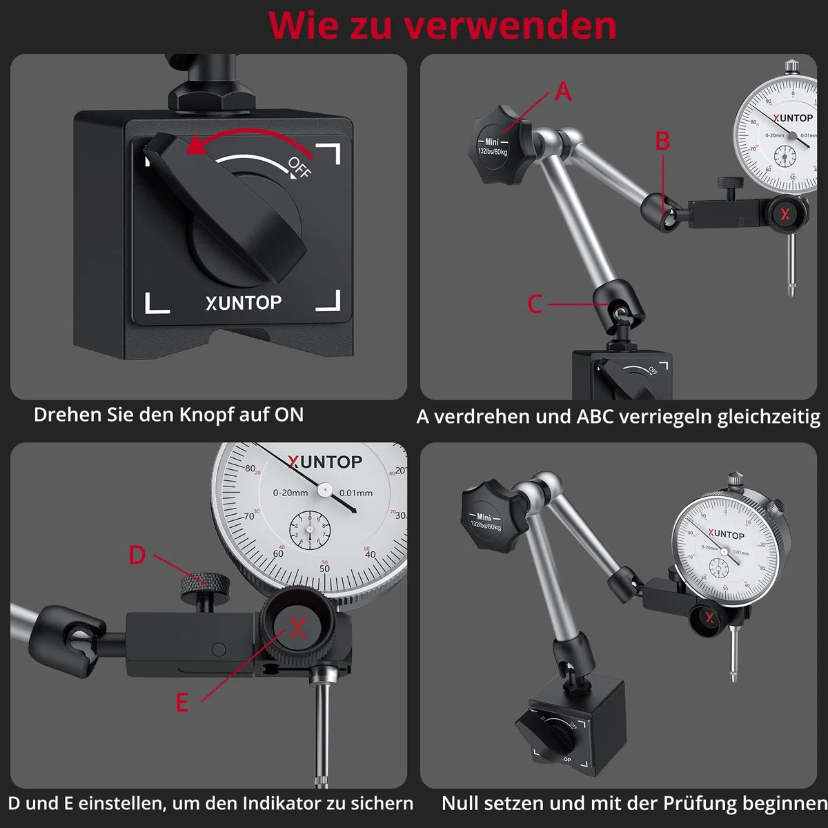 XUNTOP Präzisions Messuhr mit Magnetfuß 0,01mm Genauigkeit, 0-20 mm Messbereich,Mechanische Anzeige,132lbs/60kg, Mit Feineinstellknopf Ideal für Industrieanwendungen
