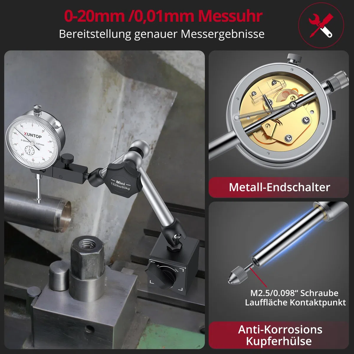 XUNTOP Präzisions Messuhr mit Magnetfuß 0,01mm Genauigkeit, 0-20 mm Messbereich,Mechanische Anzeige,132lbs/60kg, Mit Feineinstellknopf Ideal für Industrieanwendungen
