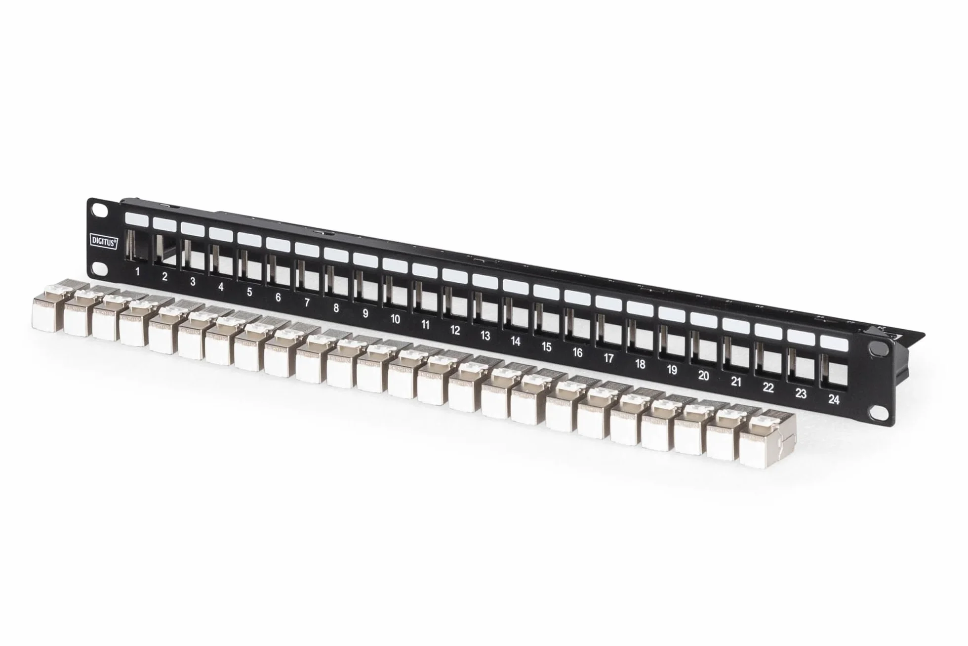 DIGITUS Patchpanel Set – 19 Zoll 1HE – 24x Cat 6A Keystone-Modul DN-93615 | 24x RJ45 – Modulares Patch-Feld – 10 Gbit/s – Rack-Montage im 19 Zoll Netzwerkschrank – Schwarz