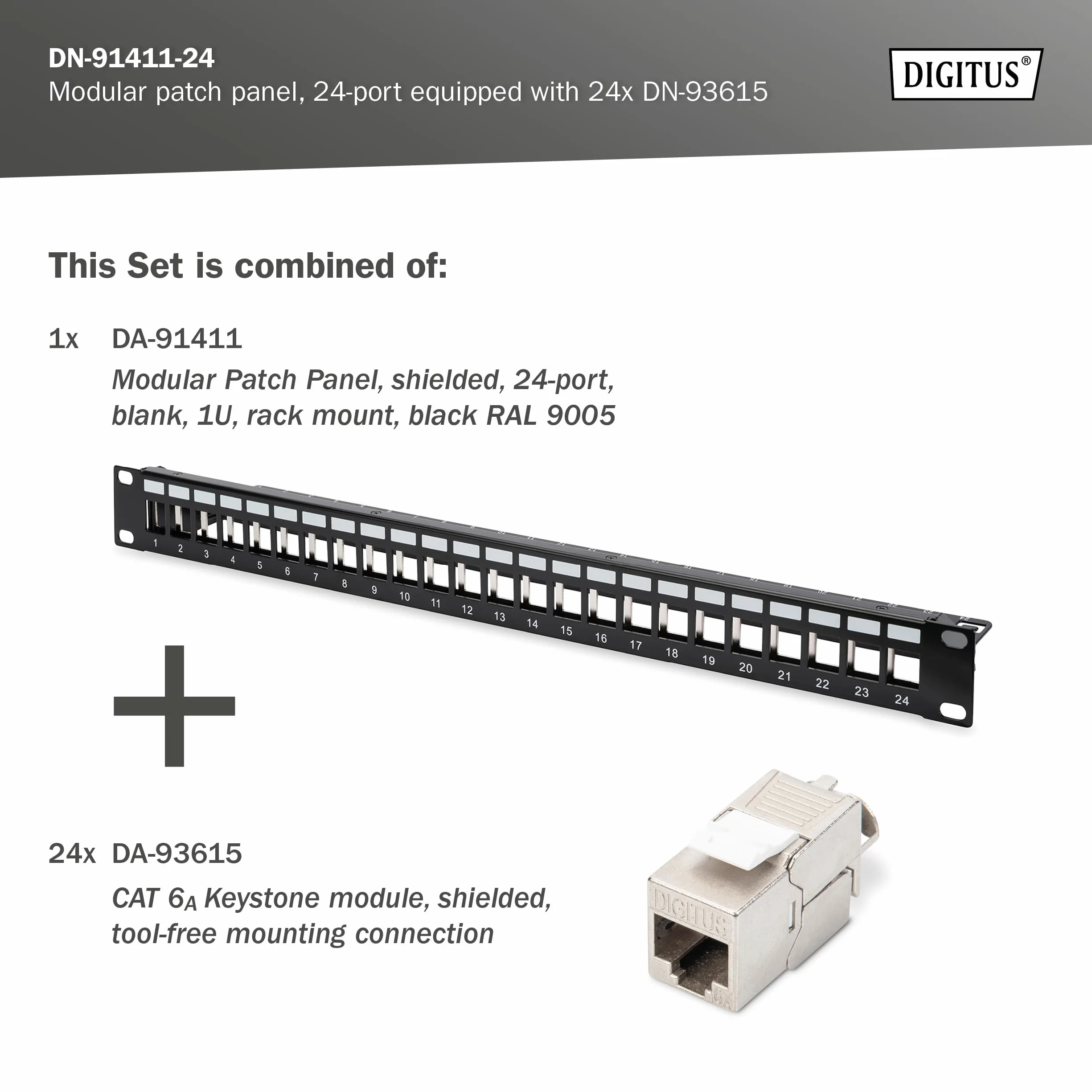 DIGITUS Patchpanel Set – 19 Zoll 1HE – 24x Cat 6A Keystone-Modul DN-93615 | 24x RJ45 – Modulares Patch-Feld – 10 Gbit/s – Rack-Montage im 19 Zoll Netzwerkschrank – Schwarz