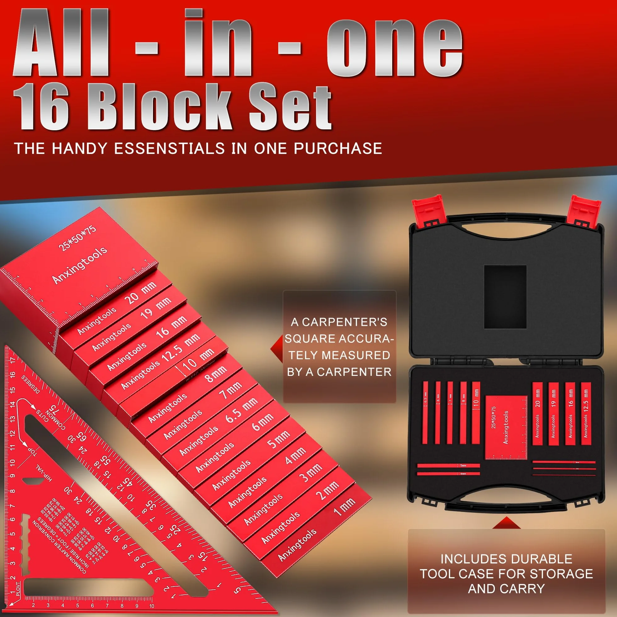 Metrische Einstellblöcke, Höhenmessgeräte-Set, 15-teiliges Aluminium-Höhenpräzisionsmessblock-Set für Tischkreissäge, Oberfräse und Stichsäge mit Aufbewahrungskoffer, rot