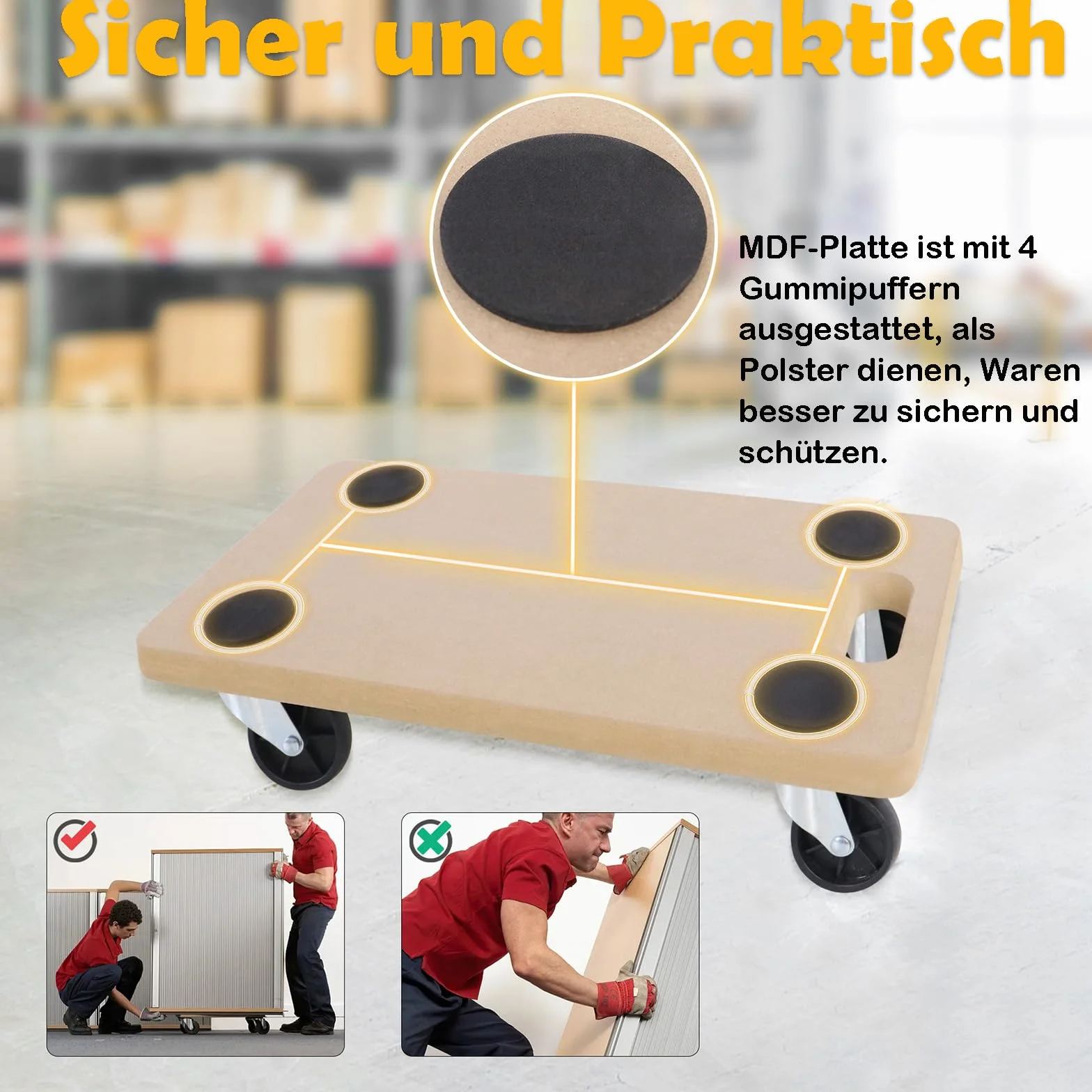 UISEBRT 4 Stück Transportroller 580 x 290 x 108mm Rollbretter Transport aus MDF-Platte Möbelroller Transporthilfe für Umzug Möbel-Transport - 200kg Tragkraft