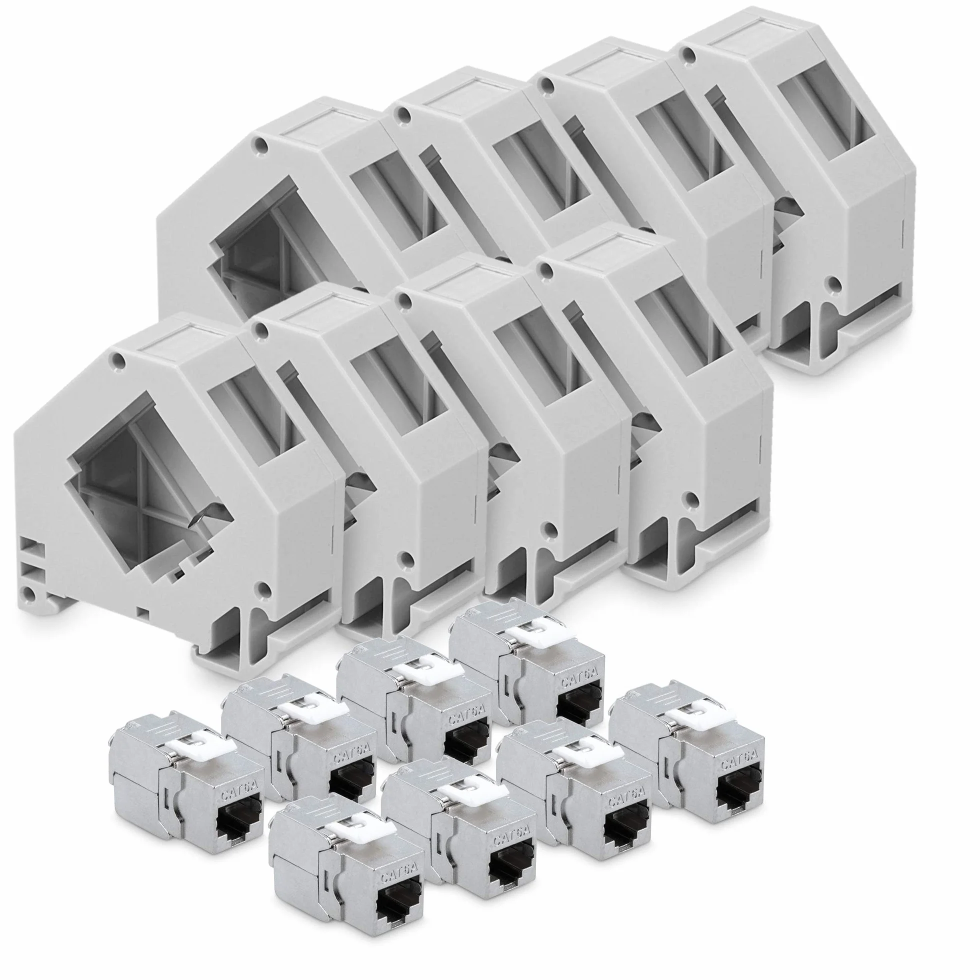 kwmobile Keystone Modul Set CAT 6A mit Hutschienenadapter - 8x RJ45 Hutschienenadapter Buchse geschirmt + 8x Halter für DIN Hutschiene - werkzeuglose Netzwerkdose bis 10 Gbit/s