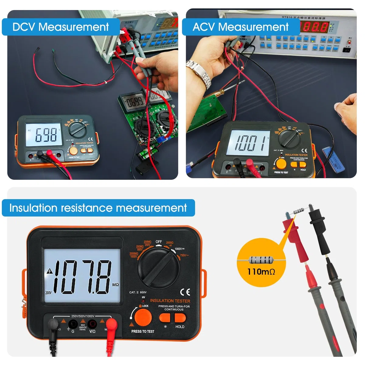 Megaohmmeter, WapoRich Digitaler Isolationswiderstandstester 2000 MΩ Megaohmmeter mit DC 250 V/50 V/1000 V AC 750 V Prüfspannung