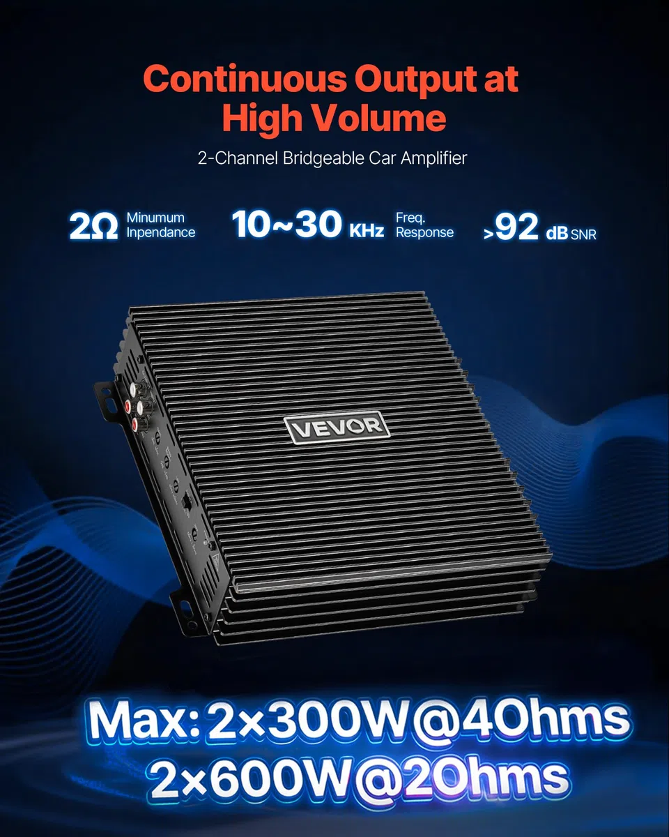 VEVOR Autoverstärker 2-Kanal, Endstufe Klasse AB Überbrückbar, Max. 2 x 300 W an 4 Ohm / 2 x 600 W an 2 Ohm, Hochleistungsverstärker für SUVs Pickups Geländewagen Mehrkanal-Audioverstärker