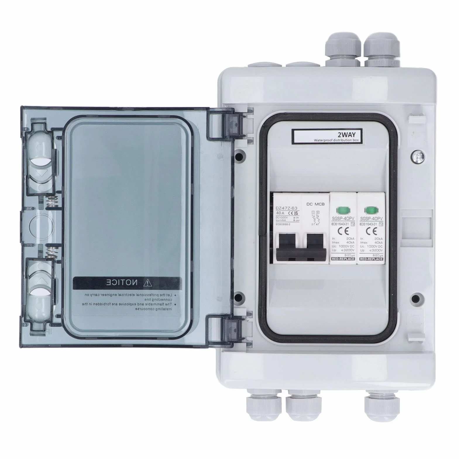 2 String PV Combiner Box IP65 Wasserdichter Solar-Trennschalter mit 40 A Leistungsschalter 1000 V für Sonnenkollektoren