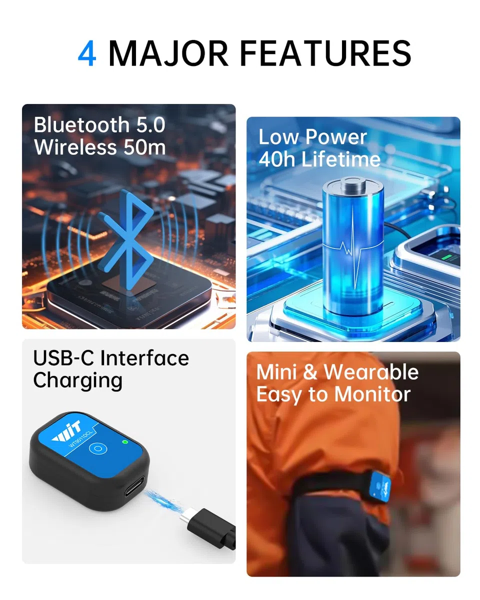 [Bluetooth 5.0 Beschleunigungssensoren] WT9011DCL MPU9250 Mini Wireless Inertial Sensor, 3-Achsen Beschleunigungsmesser + Gyroskop + Magnetometer)+ Neigungsmesser, 9-Achsen IMU AHRS Sensormodul USB