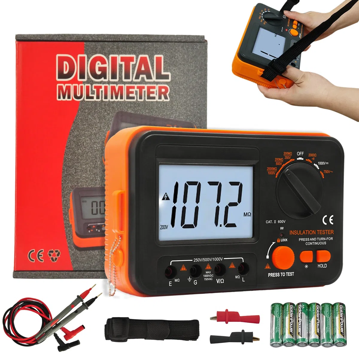 Megaohmmeter, WapoRich Digitaler Isolationswiderstandstester 2000 MΩ Megaohmmeter mit DC 250 V/50 V/1000 V AC 750 V Prüfspannung