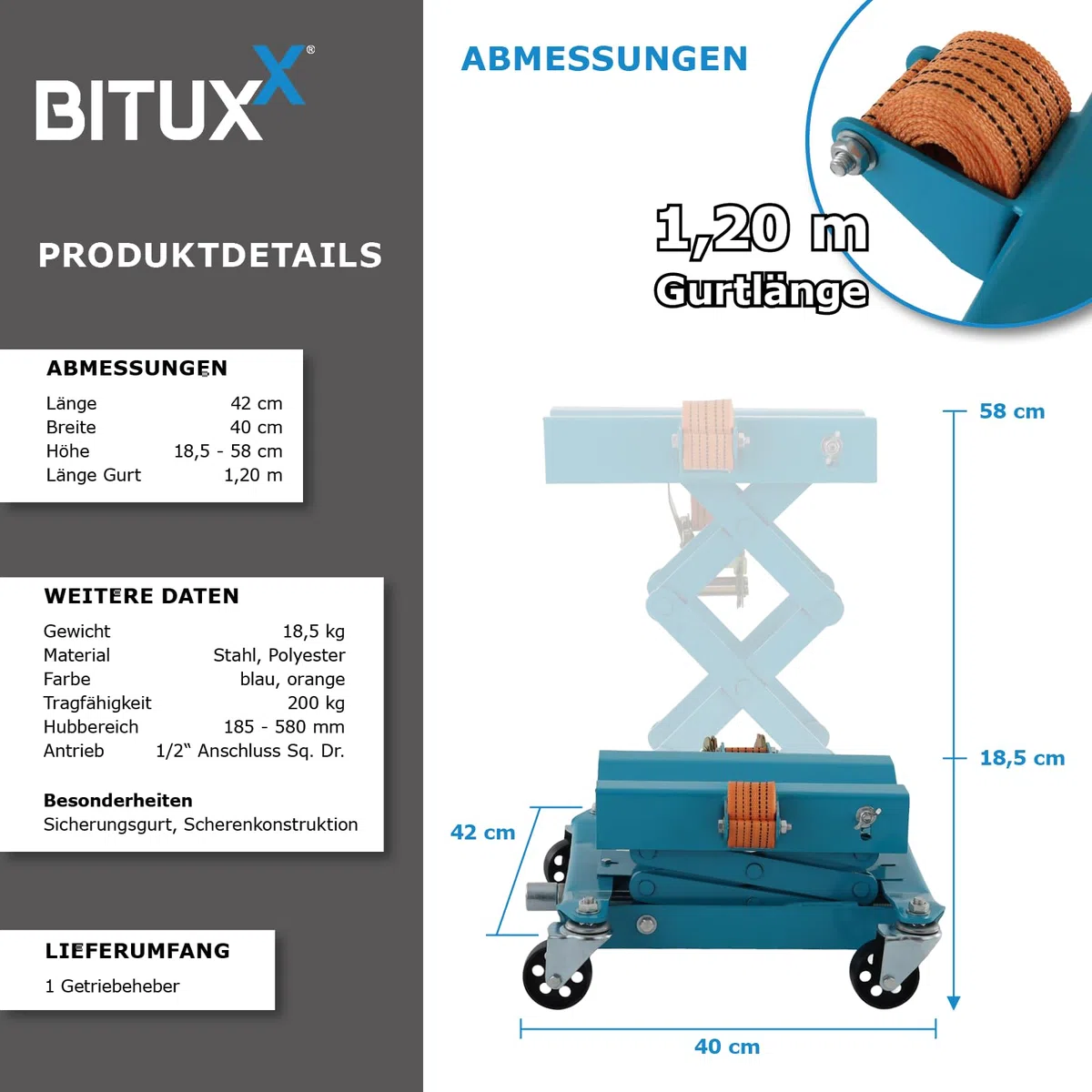 Bituxx Getriebe Heber Scherenheber Hebewerkzeug Werkstattheber Scherenwagenheber Kompakter Scheren-Getriebeheber KFZ 200Kg 185mm - 580mm 1/2"