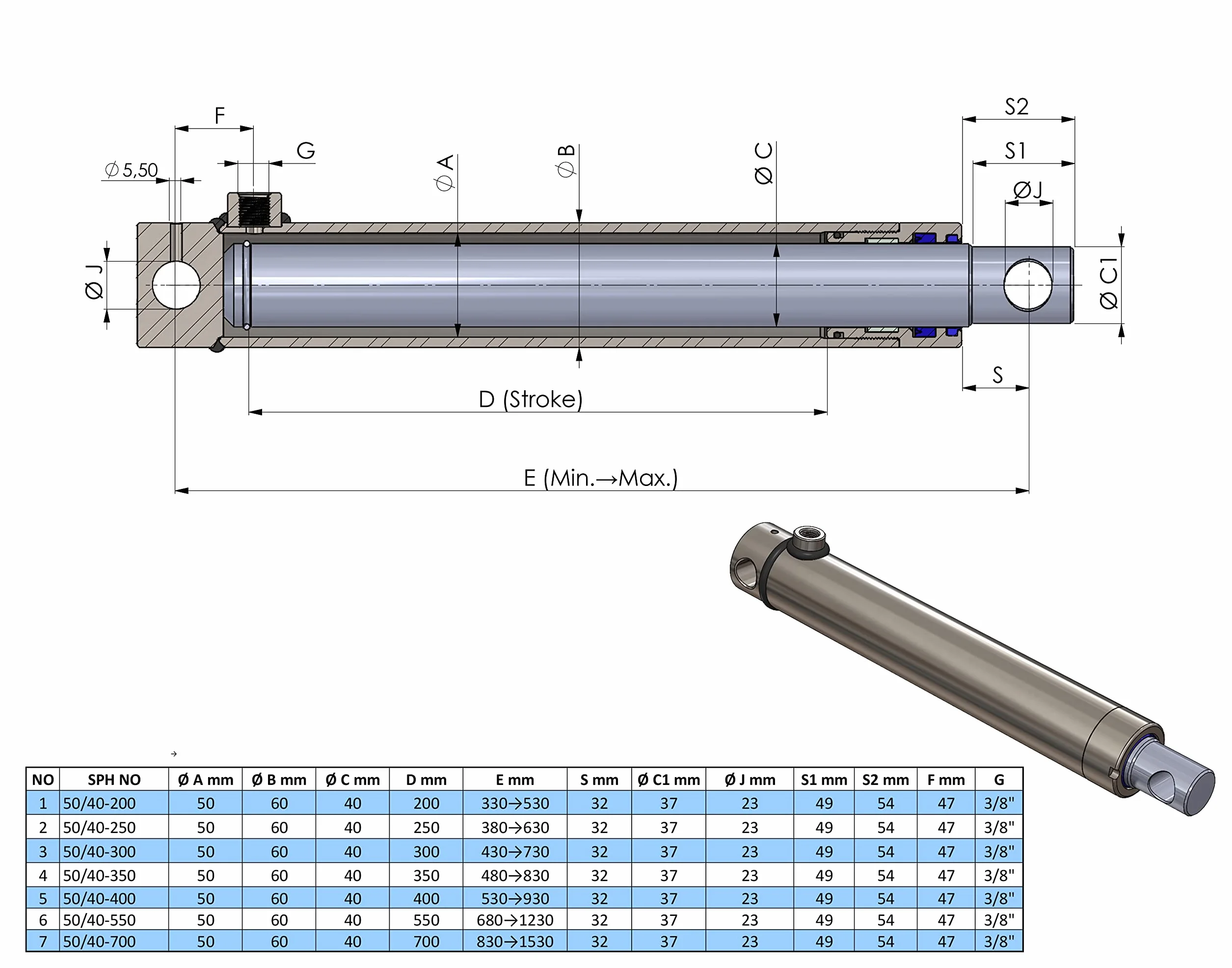 Hydraulik-Zylinder einfachwirkend mit Querbohrung (Ø 25, Hub mm : 100)