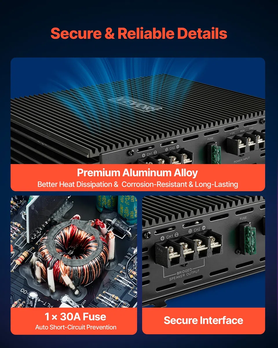 VEVOR Autoverstärker 2-Kanal, Endstufe Klasse AB Überbrückbar, Max. 2 x 300 W an 4 Ohm / 2 x 600 W an 2 Ohm, Hochleistungsverstärker für SUVs Pickups Geländewagen Mehrkanal-Audioverstärker
