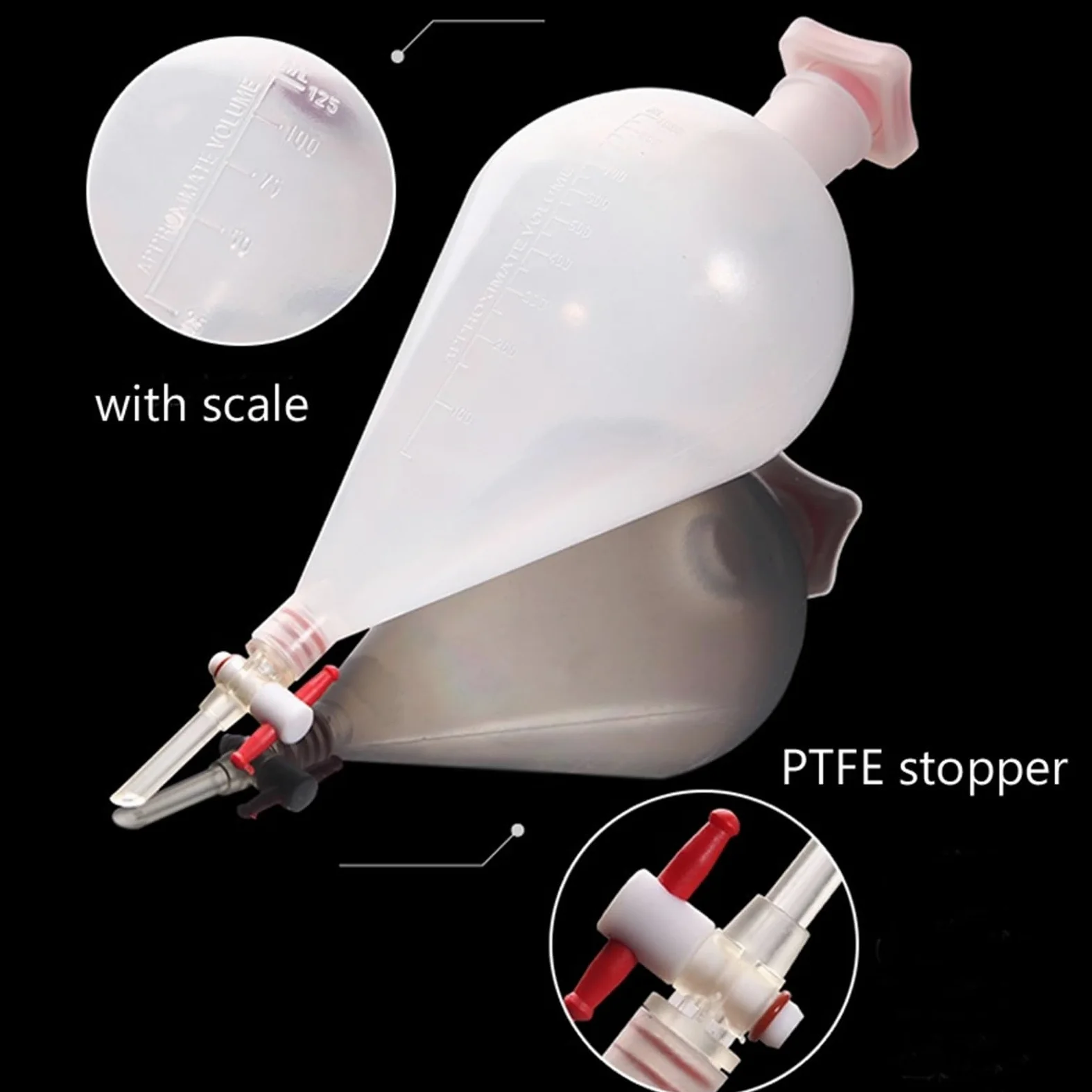 125 ml birnenförmiger Scheidetrichter aus Kunststoff mit PTFE-Stopfen. PP-Trenntrichter. Laborbedarf