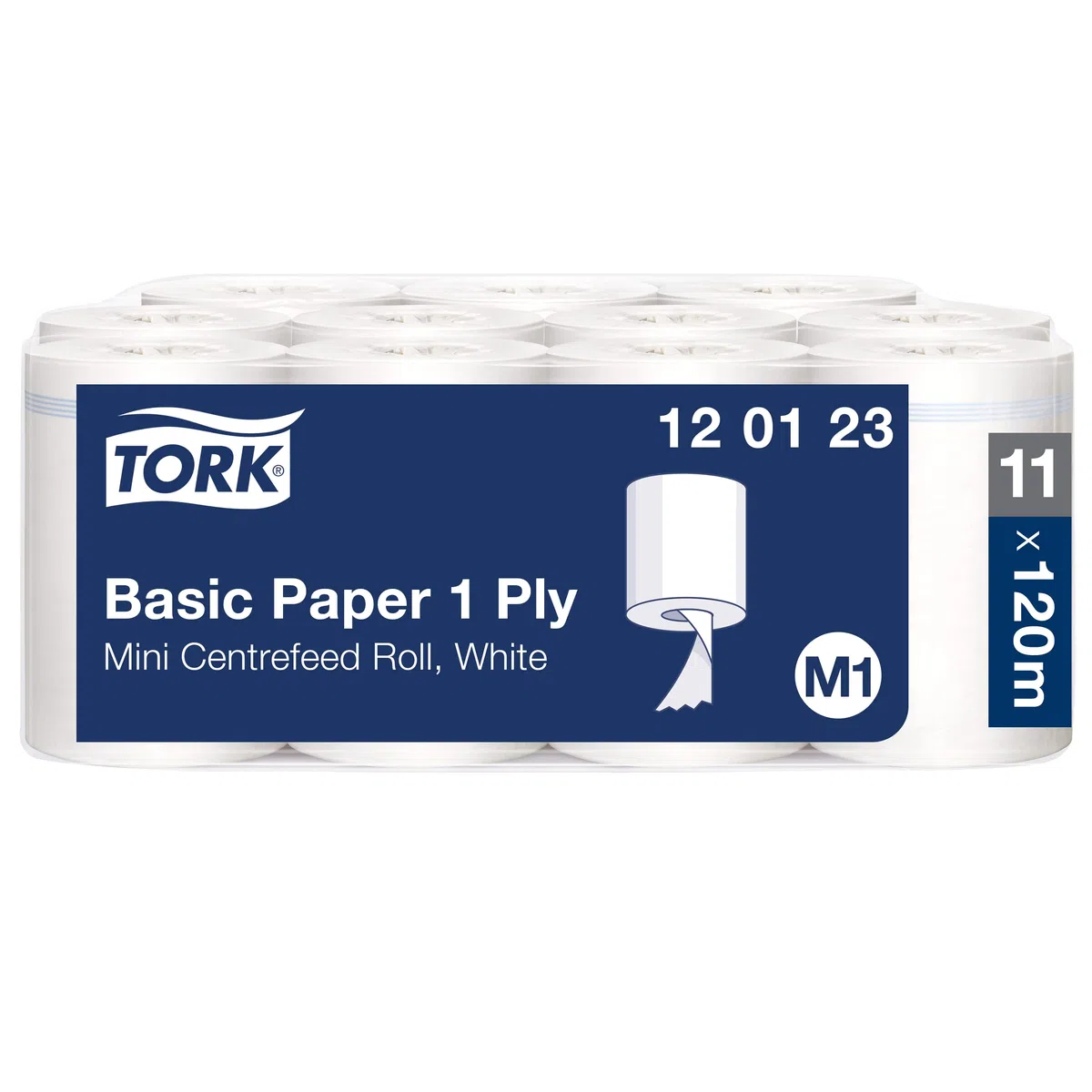 Tork 120123 Standard Papierwischtücher für M1 Mini Spender mit Innenabrollung - Wischtücher aus Papier in Weiß, 1-lagig & ungeprägt - 11 Rollen x 120 Meter, unperforiert (21,5 cm)