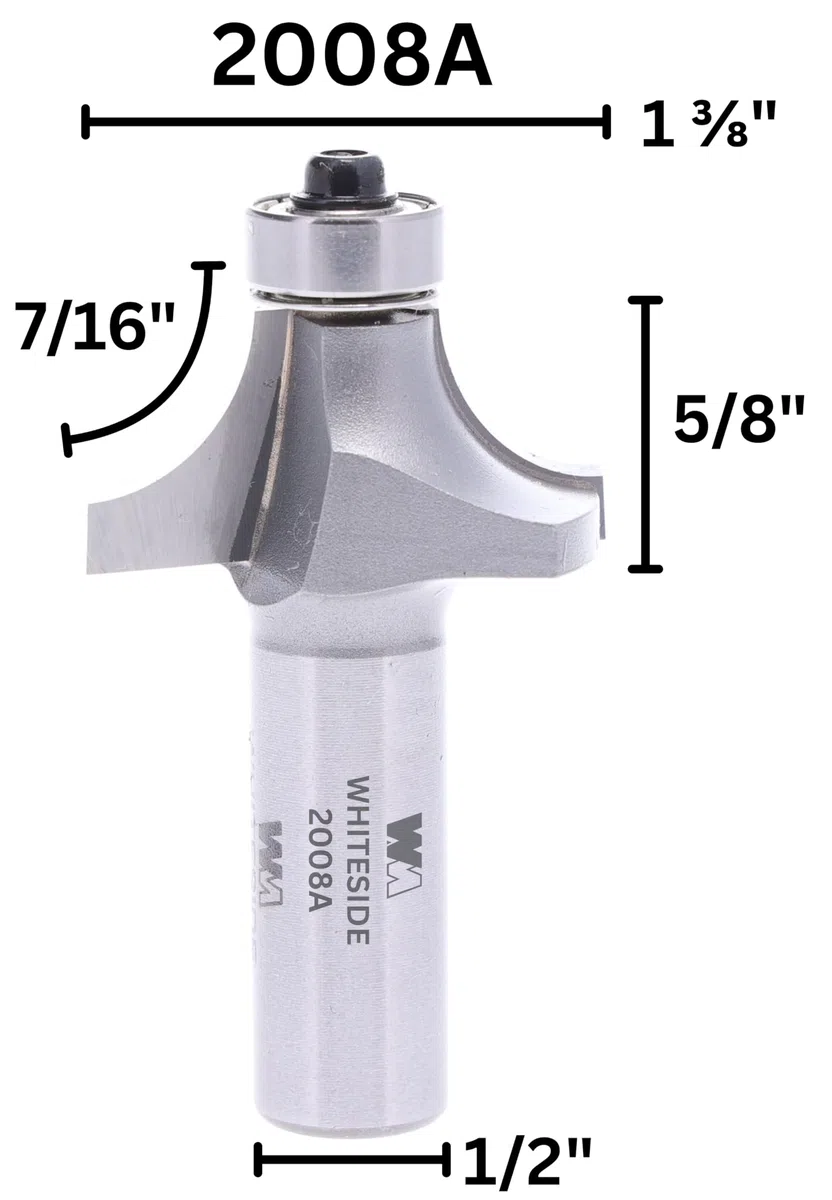 Whiteside Router Bits 2008A Rundfräser mit 7/16 Zoll Radius, 1-3/8 Zoll großem Durchmesser und 5/8 Zoll Schnittlänge.