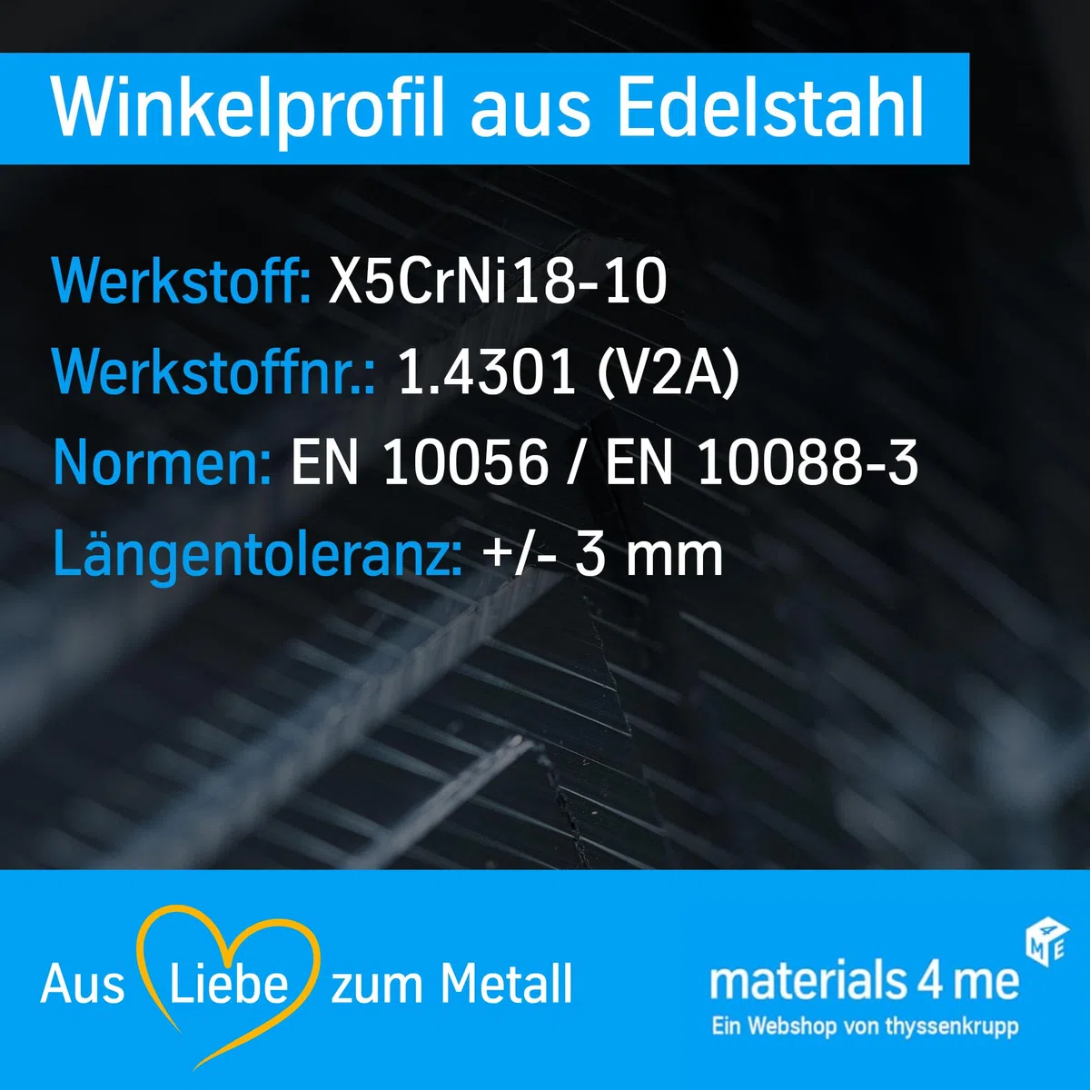 thyssenkrupp Edelstahlprofil 50x5mm, 2000mm – Winkel V2A 1.4301 – Edelstahl Winkelprofil für Konstruktion & Montage – L-Profil Edelstahl