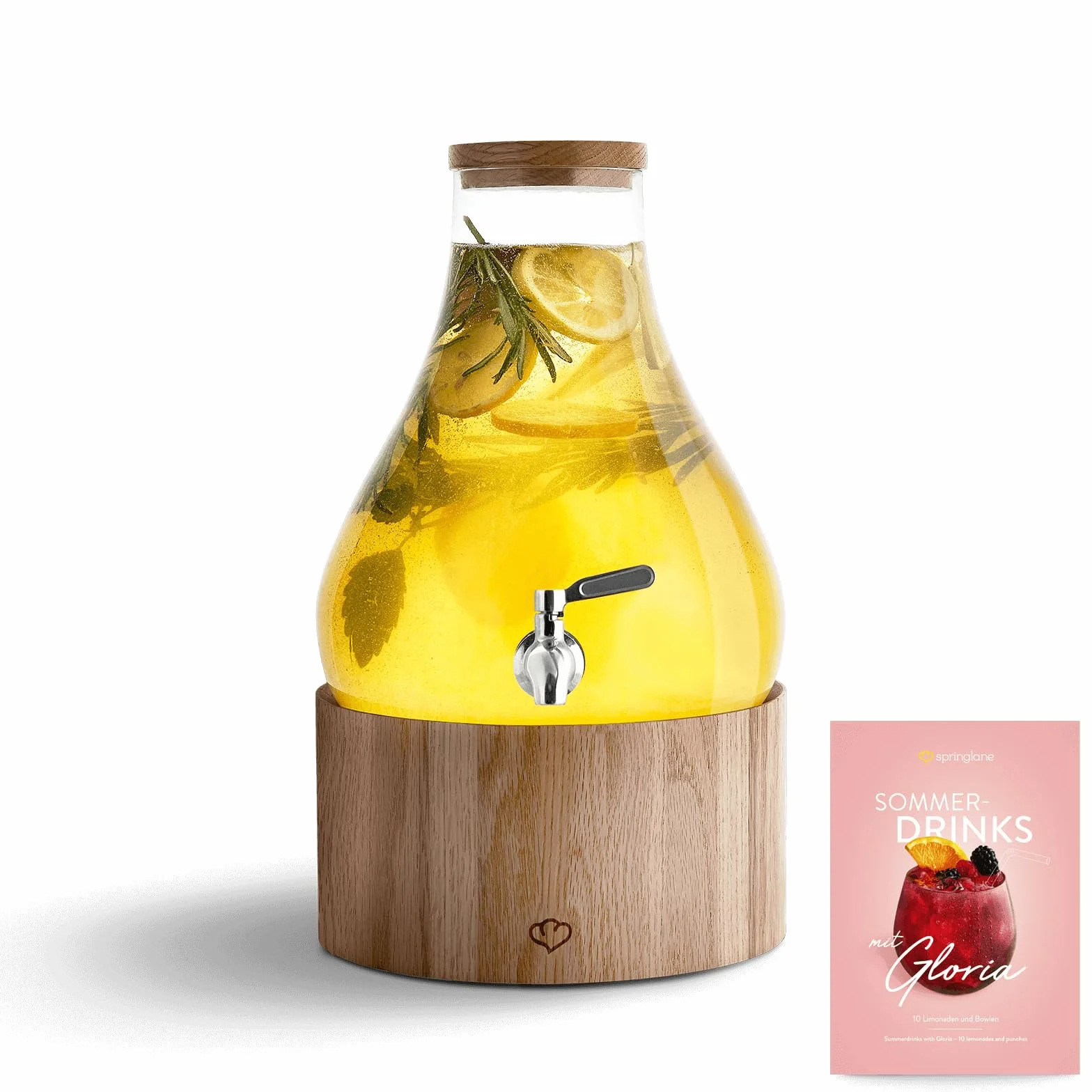 SPRINGLANE Glas Getränkespender 5,5 L Gloria mit Edelstahl-Zapfhahn & Ständer aus Gummibaumholz, Limonaden-Spender, Vintage Design Mason Jar