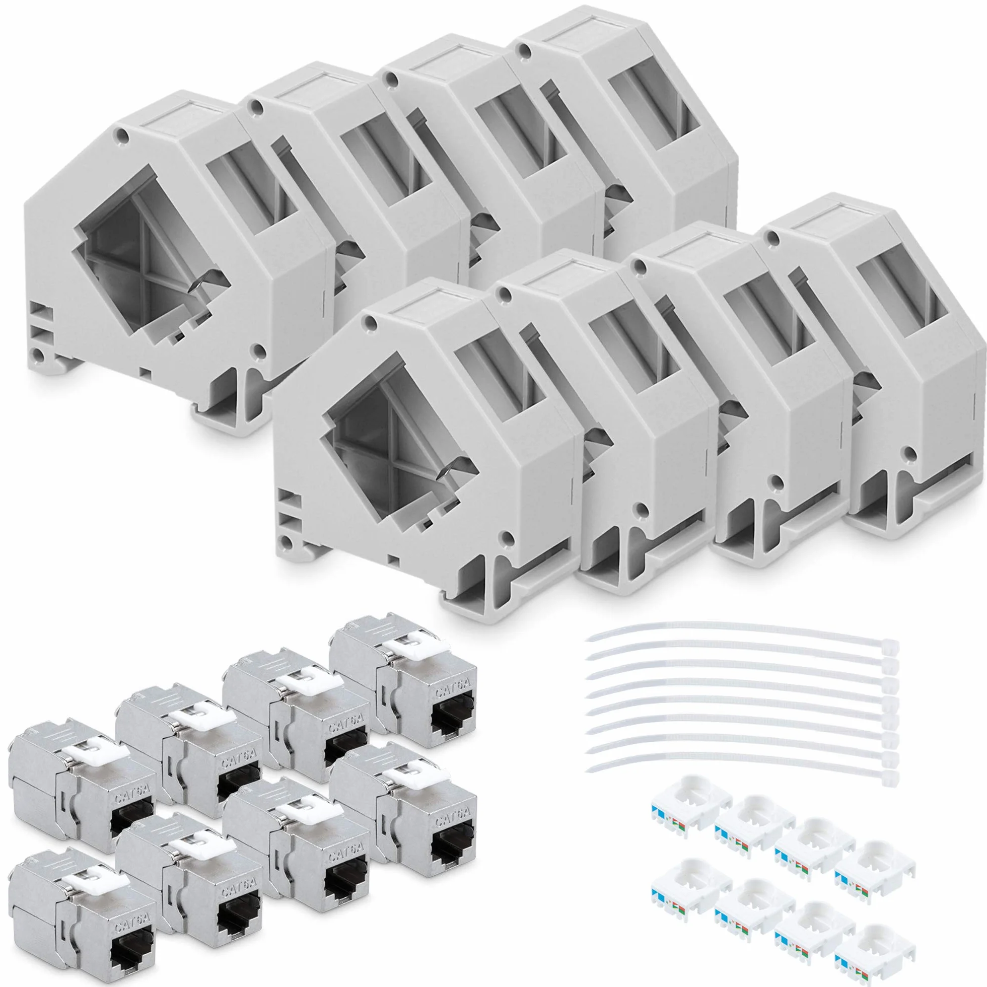 kwmobile Keystone Modul Set CAT 6A mit Hutschienenadapter - 8x RJ45 Hutschienenadapter Buchse geschirmt + 8x Halter für DIN Hutschiene - werkzeuglose Netzwerkdose bis 10 Gbit/s