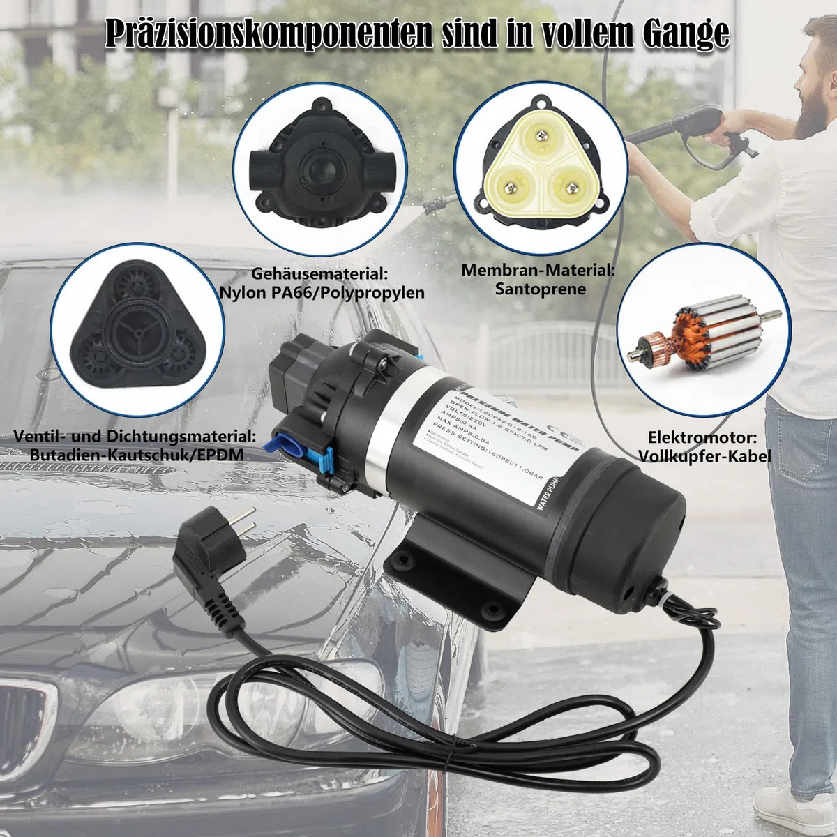 Hochdruck Membran Wasserpumpe, Elektrische Membranpumpe Wasserpumpe, Hochdruckwasserpumpe, Selbstansaugende Pumpe 150W 220V, 160PSI (11 Bar) 5,1–5,5L/min, 3/8"