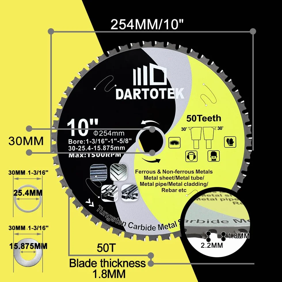 254mm TCT Sägeblätter, 50 Zähne Metalltrennscheibe Wolframkarbid bestückte Kreissäge für Eisen, Edelstahl, Nickel, Titan, Eisenmetalle und Stahlrohre