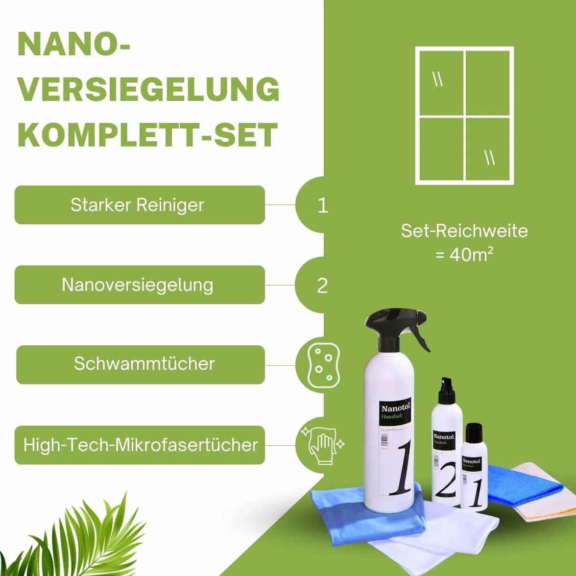 Nanotol Fensterreiniger Set mit Nanoversiegelung - EASY-TO-CLEAN Beschichtung für 40 m² Glas + Rahmen - geeignet für Fensterwischer, Fenstersauger, Abzieher