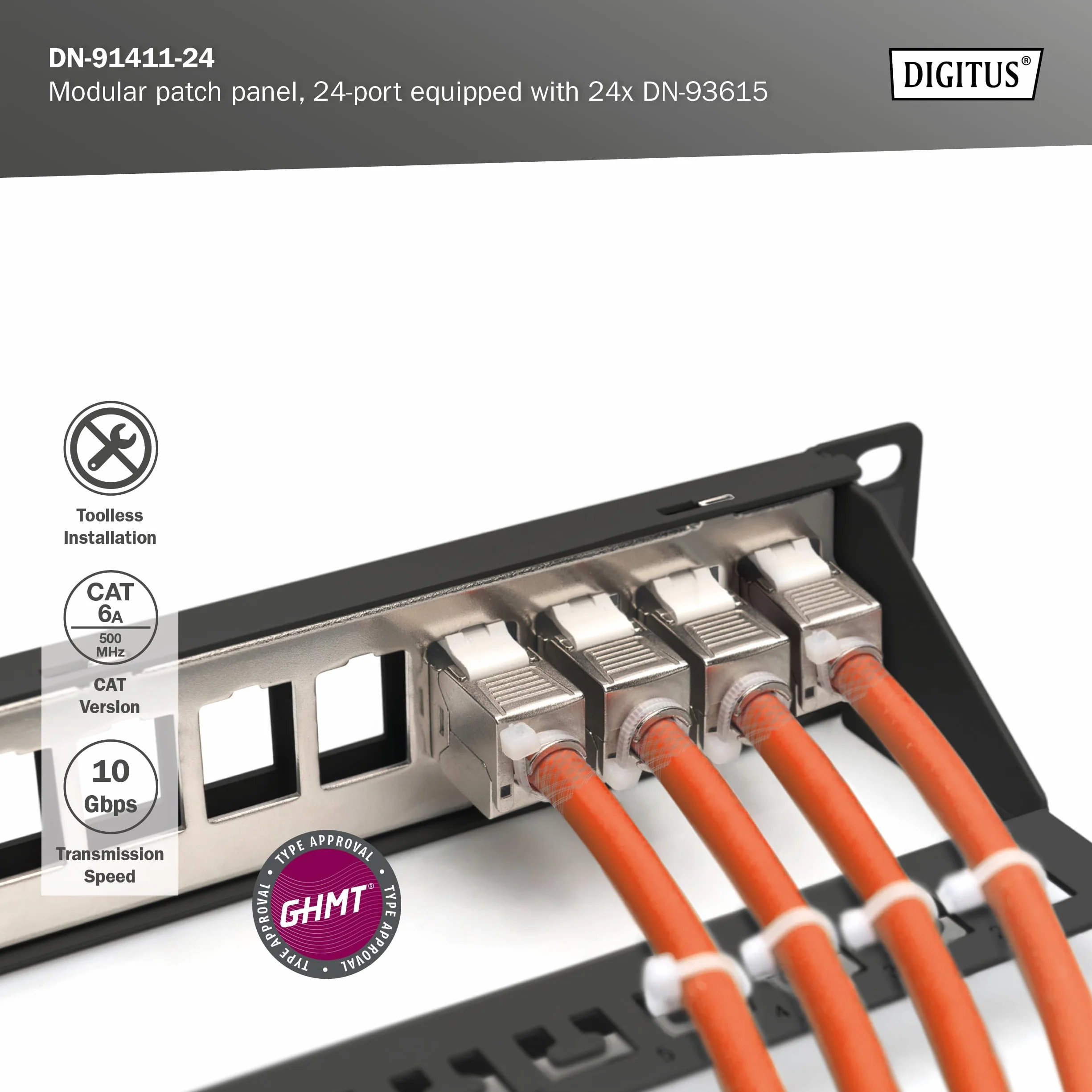 DIGITUS Patchpanel Set – 19 Zoll 1HE – 24x Cat 6A Keystone-Modul DN-93615 | 24x RJ45 – Modulares Patch-Feld – 10 Gbit/s – Rack-Montage im 19 Zoll Netzwerkschrank – Schwarz