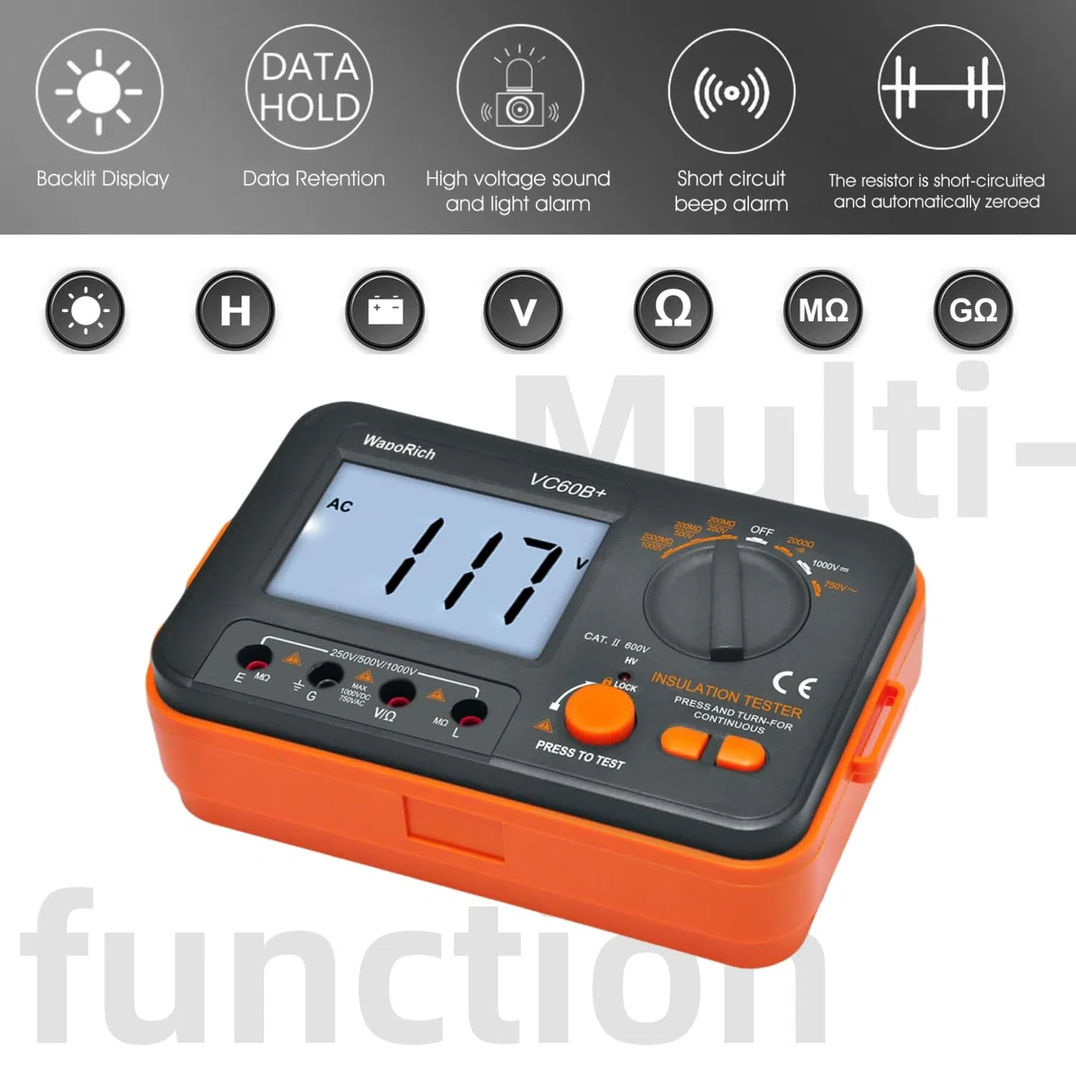 Megaohmmeter, WapoRich Digitaler Isolationswiderstandstester 2000 MΩ Megaohmmeter mit DC 250 V/50 V/1000 V AC 750 V Prüfspannung