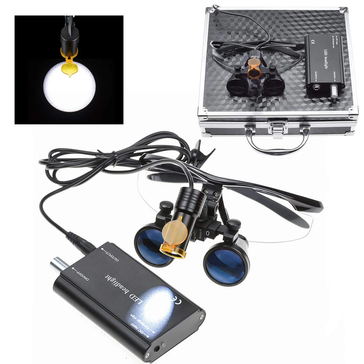 BoNew 3,5 x chirurgische Fernglas-Lupen, optisches Glas + 5 W LED-Scheinwerfer, leistungsstarkes Licht mit Filterclip-Typ + Aluminium-Box (schwarz)