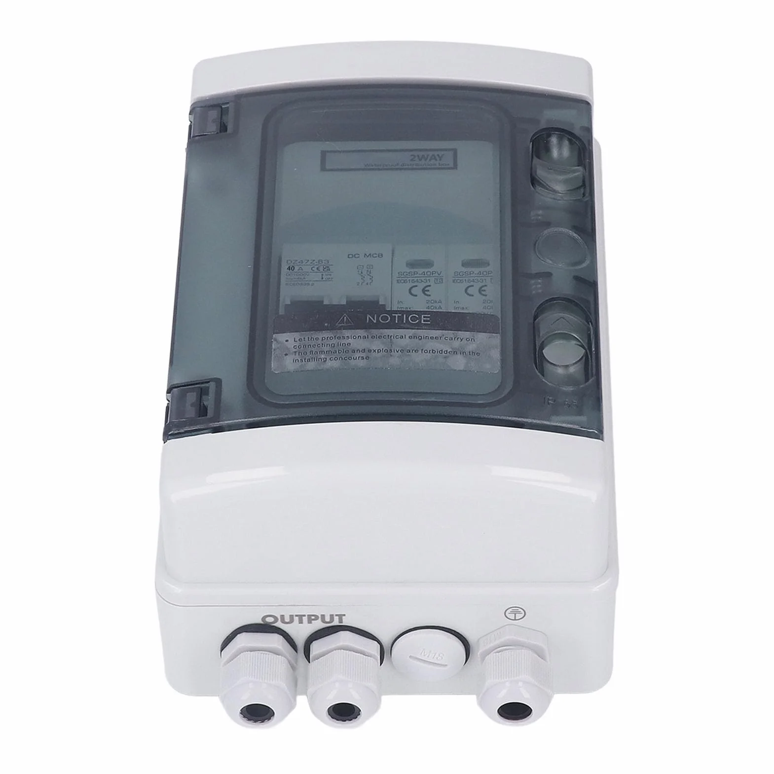 2 String PV Combiner Box IP65 Wasserdichter Solar-Trennschalter mit 40 A Leistungsschalter 1000 V für Sonnenkollektoren