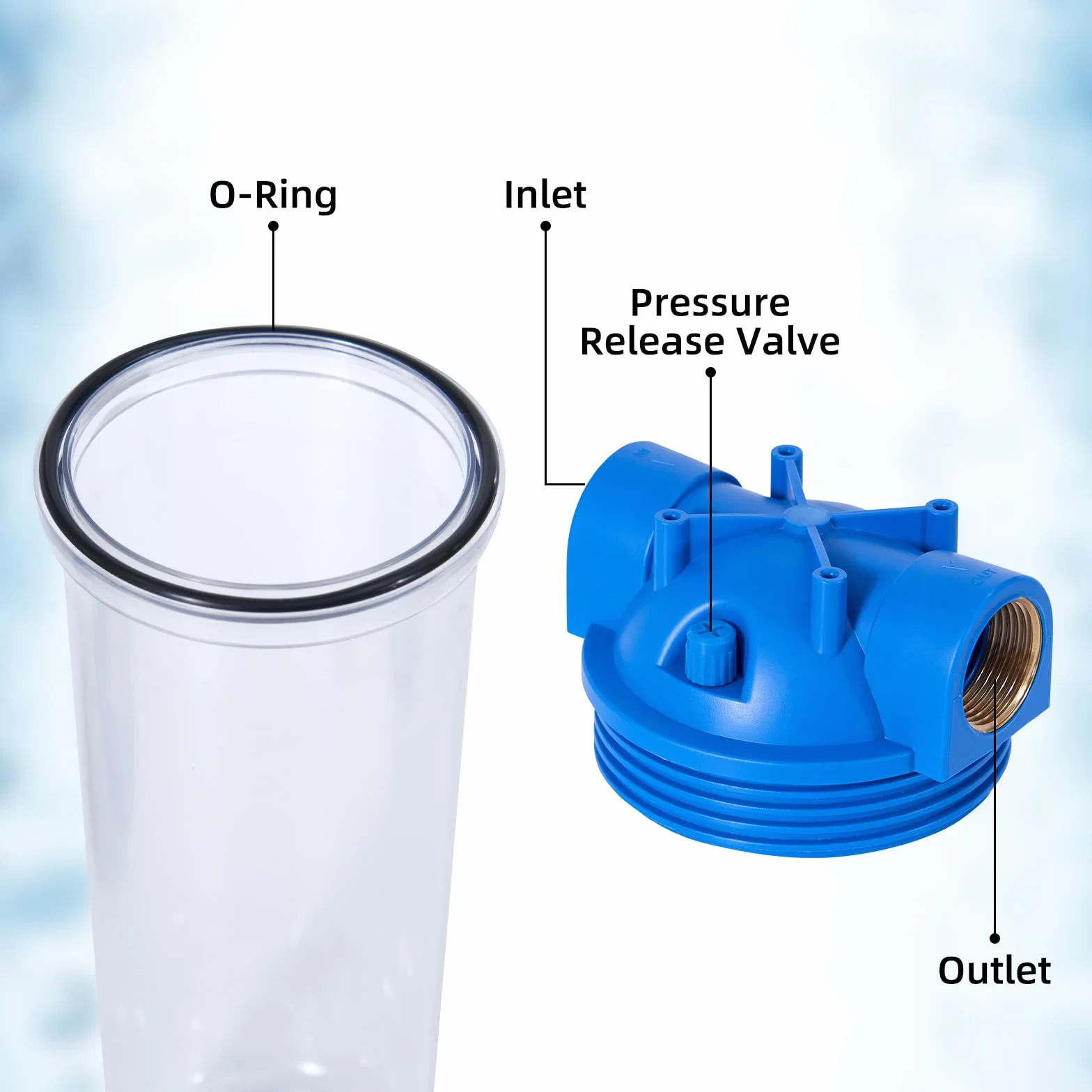 Filtergehäuse 10 Zoll Standard transparent Einstufig Filterflasche Messing 3/4 Zoll BSP Geeignet für alle 2,5 Zoll x 10 Zoll Kartuschen (Gehäuse + Spulenfilter)