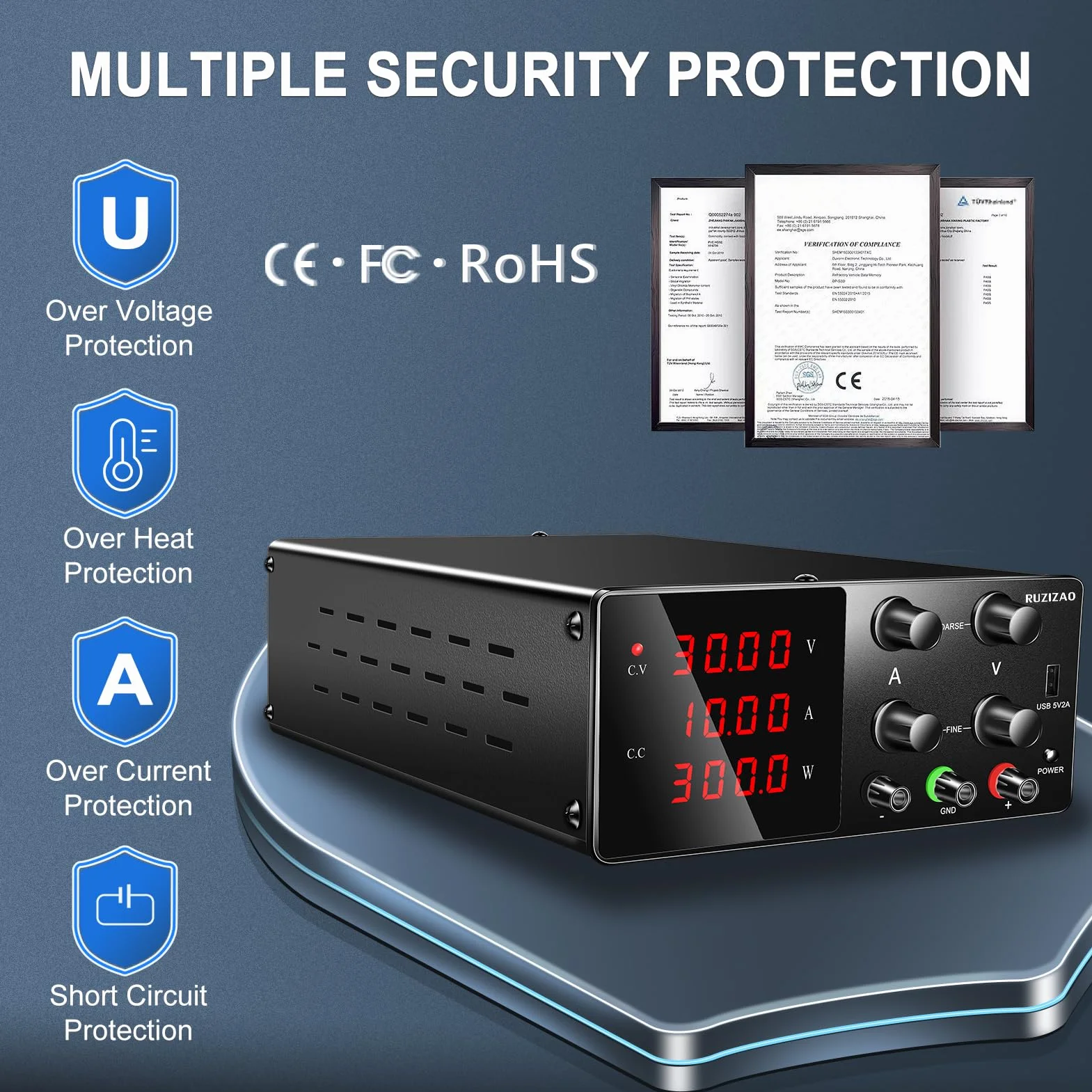 Labornetzgerät Regelbar Labornetzteil 30V 10A Variablen Schaltnetzteil Geregeltes Hochpräzises 4-stelliges LED-Display 5V/2A USB-Anschluss Labor DC-Stromversorgungen (Schwarz)