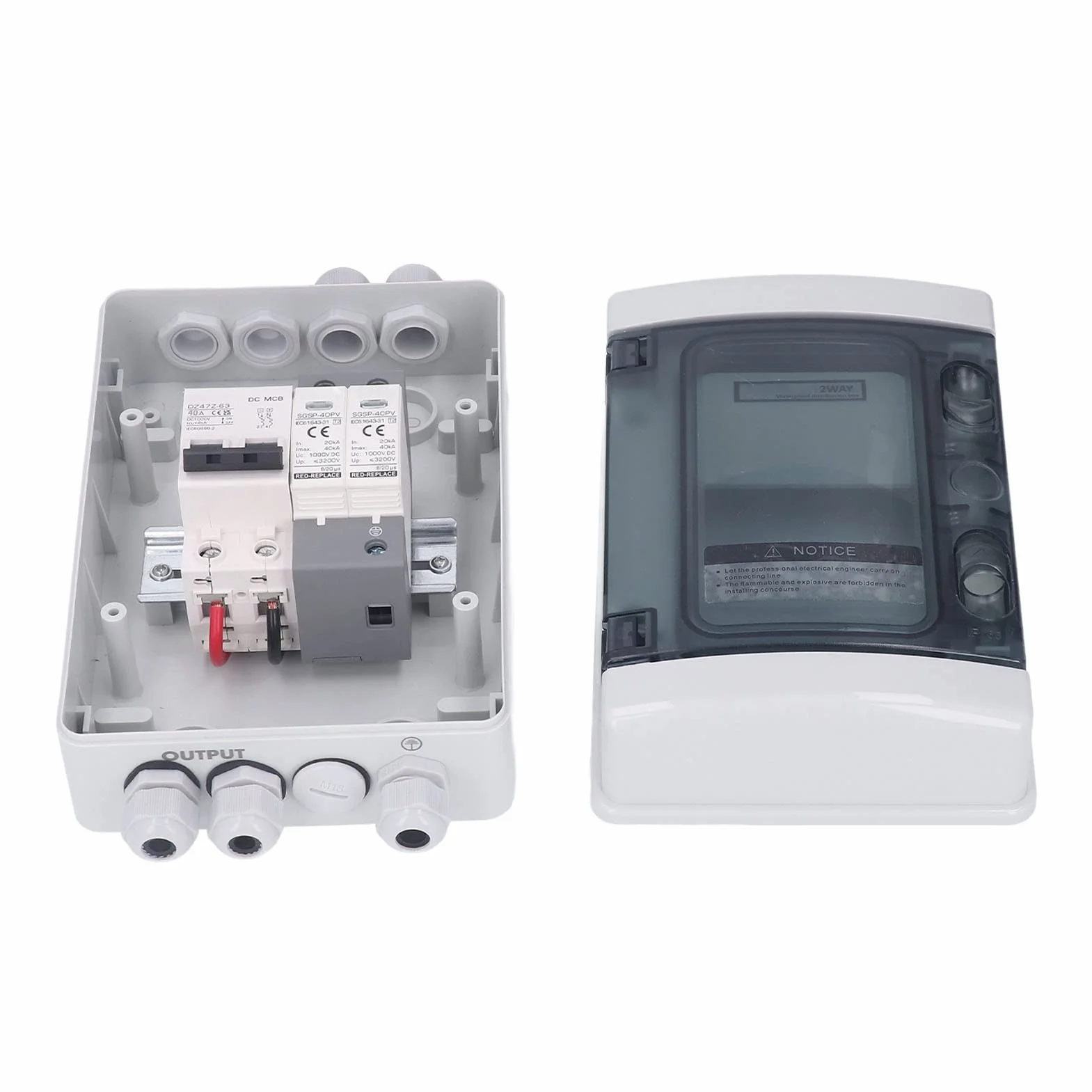 2 String PV Combiner Box IP65 Wasserdichter Solar-Trennschalter mit 40 A Leistungsschalter 1000 V für Sonnenkollektoren
