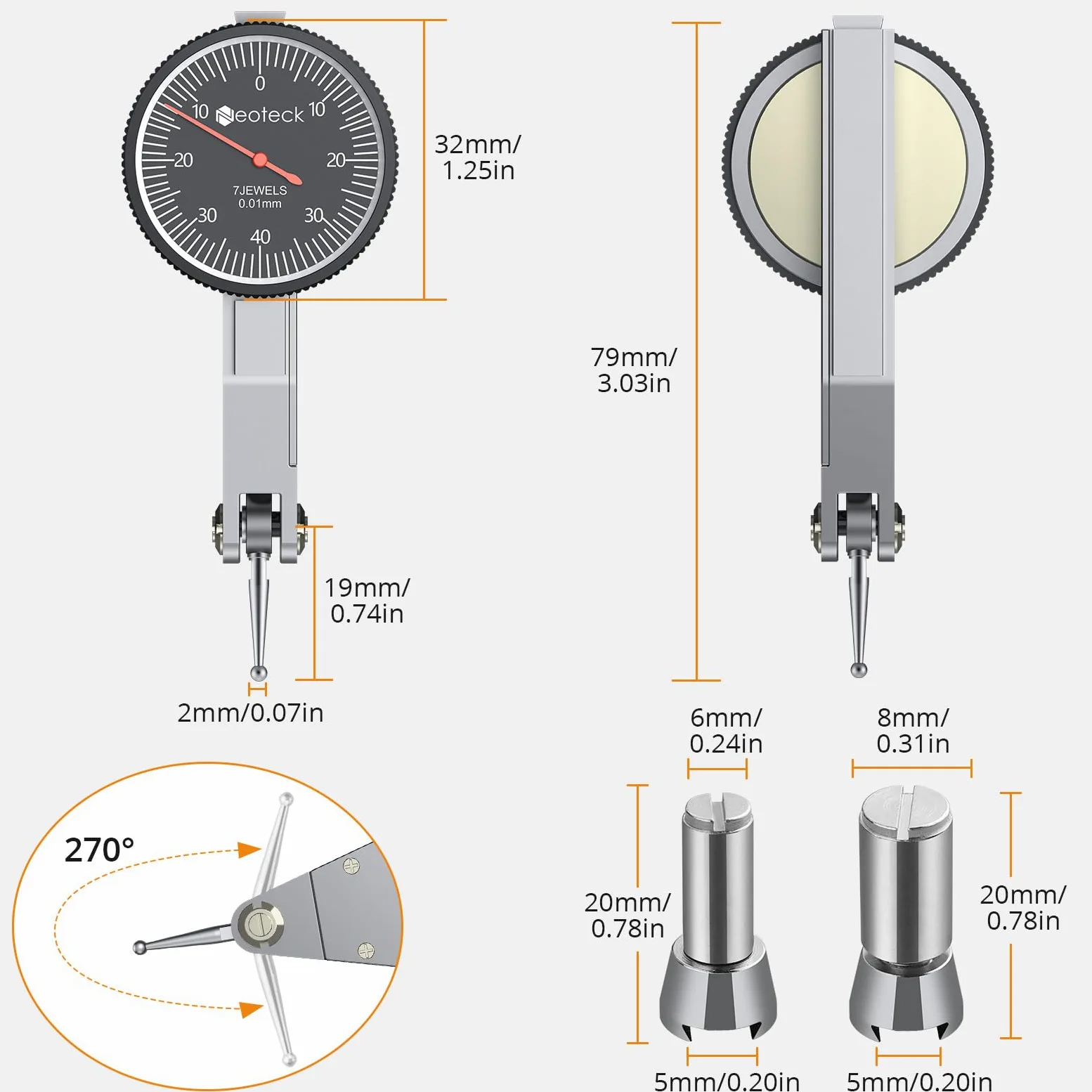 Neoteck Hebel Messuhr mit Magnetstativ Magnetfuß Messtaster 0-0,8 mm Genauigkeit 0,01 mm, Zentralklemmung Messuhrhalte für Messuhr - Schwarz