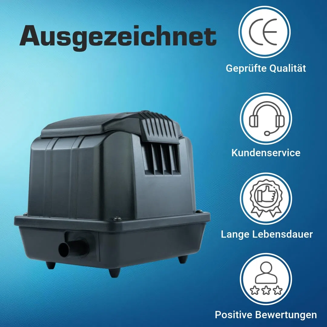 Teichbelüfter 3600 L/H stufenlos regulierbar, 35 Watt Sauerstoffpumpe für Teich, Membranpumpe 60 L/Min, Teichbelüftung, Luftpumpe Teich, Belüfterpumpe für Gartenteiche, Teichbelüftungspumpe