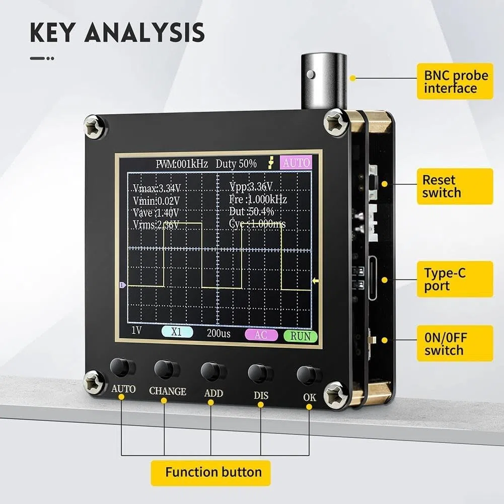 Zoegneer 138 PRO Digitales Oszilloskop, Einzelk, 2,4 Zoll LCD-Display, 200 kHz Bandbreite, 2,5 MSa/s, Abtastrate mit Typ-C-Kabel und Sonde (mit 10-fach-Sonde)