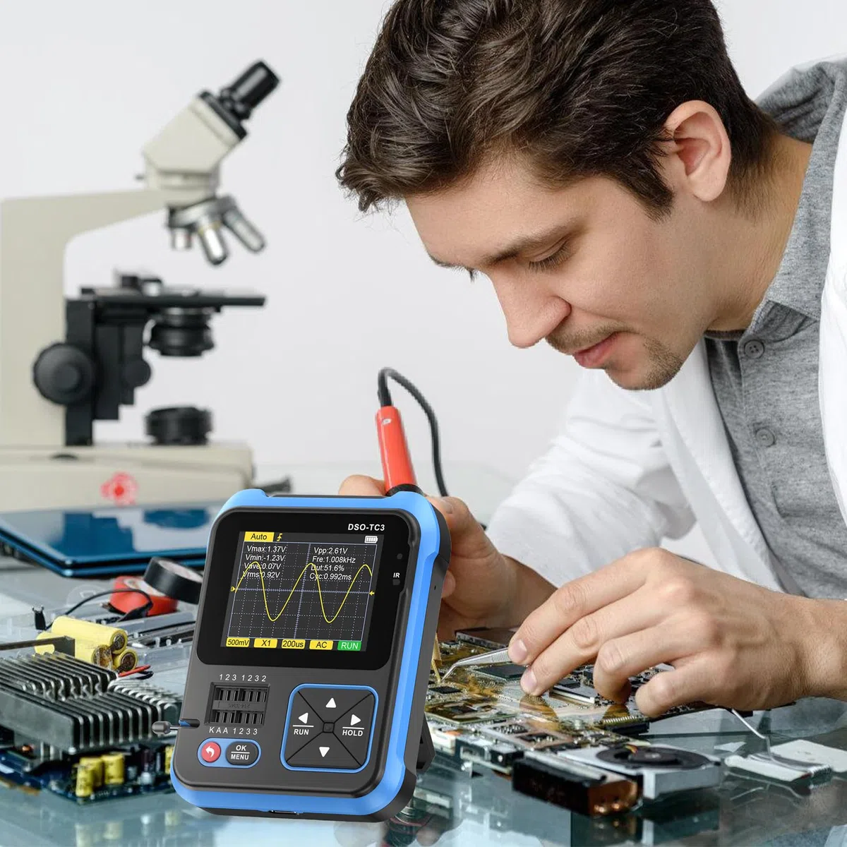 DSO-TC3 Oszilloskop, 3 in 1 Digitales Handoszilloskop Multimeter Tragbares Transistortester Oszilloskope Signalgenerator 500kHz Bandbreite, ESR-Tester LCR-Widerstands-Zähler mit 2.4'' Tft Display