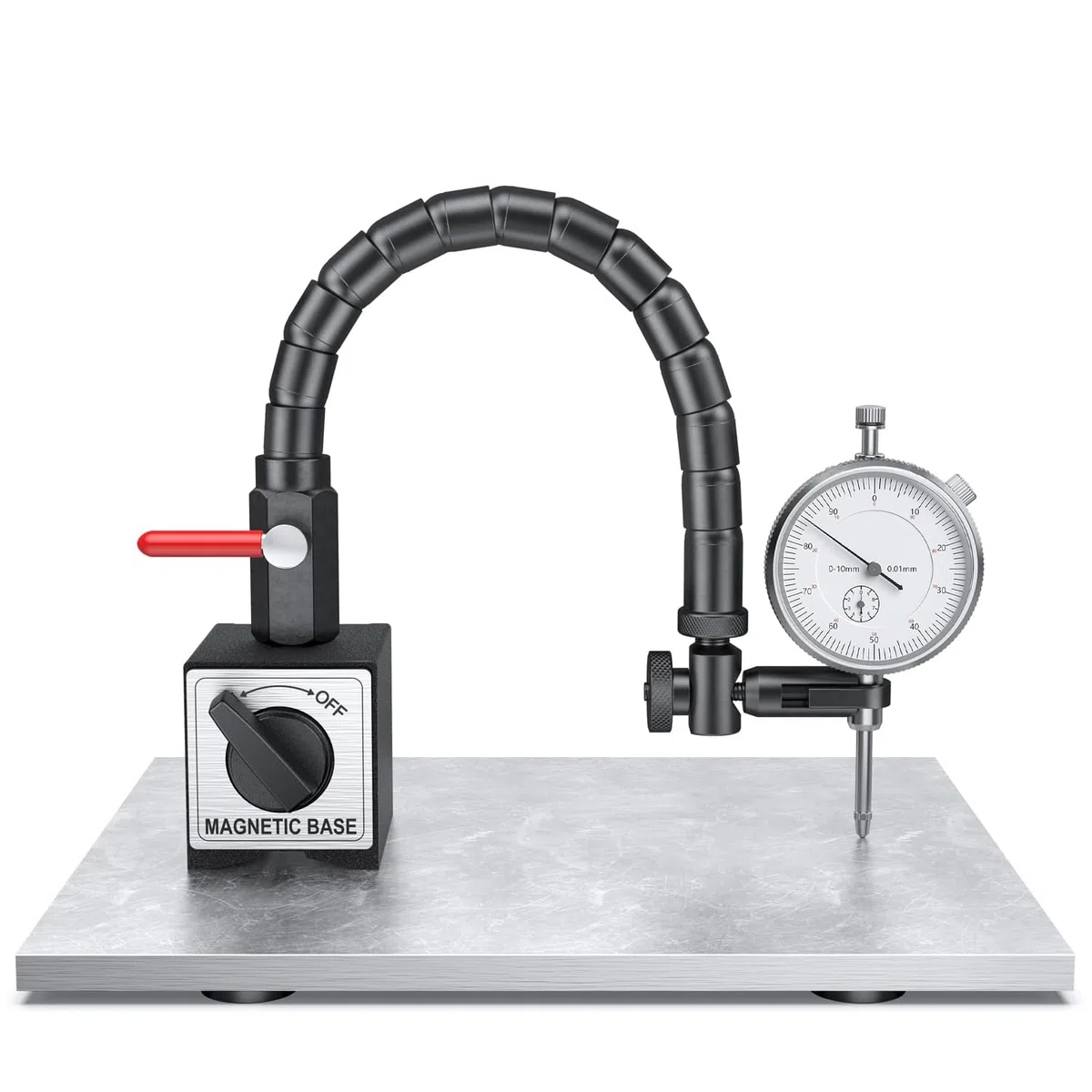 Präzisions-Messuhr mit Magnetstativ, Mechanisch Messuhr 0-10mm Messbereich, 0,01mm Genauigkeit, Stahlbasis mit Zentralklemmung (80kg Haltekraft) – Ideal für Werkstatt & Industrie