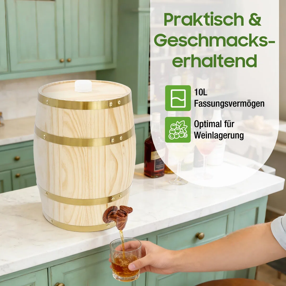 10L Holzfass mit Zapfhahn, Vertikal Whiskyfass Schnapsfass Bierfass Kiefernholz-Weinfass für Wein, Whisky, Rum, Dekorationsfass für Bars